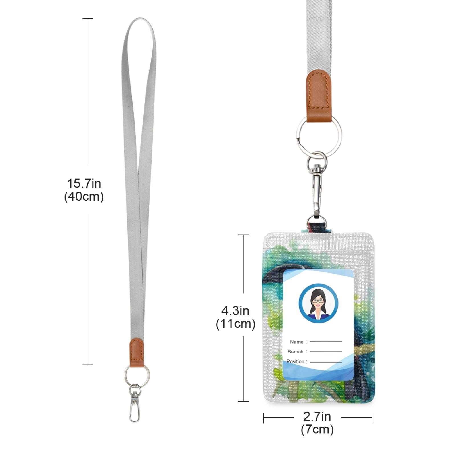 Vertical Leather ID Badge Holder with Lanyard - Watercolor Toucan Design for Office & School Staff