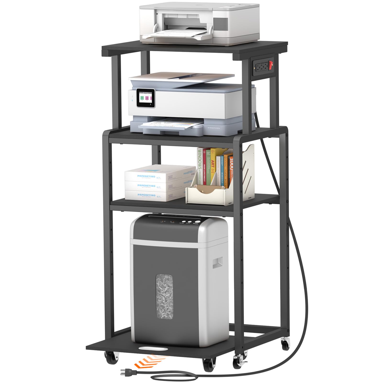 Lifewit 4-Tier Rolling Printer Stand with 3 Power Outlets, Adjustable Storage Shelf & Wheels - Mobile Office Cart for Printer, Scanner, Shredder, Fax Machine - Perfect for Home Office Organization & Workspace Storage (Black)