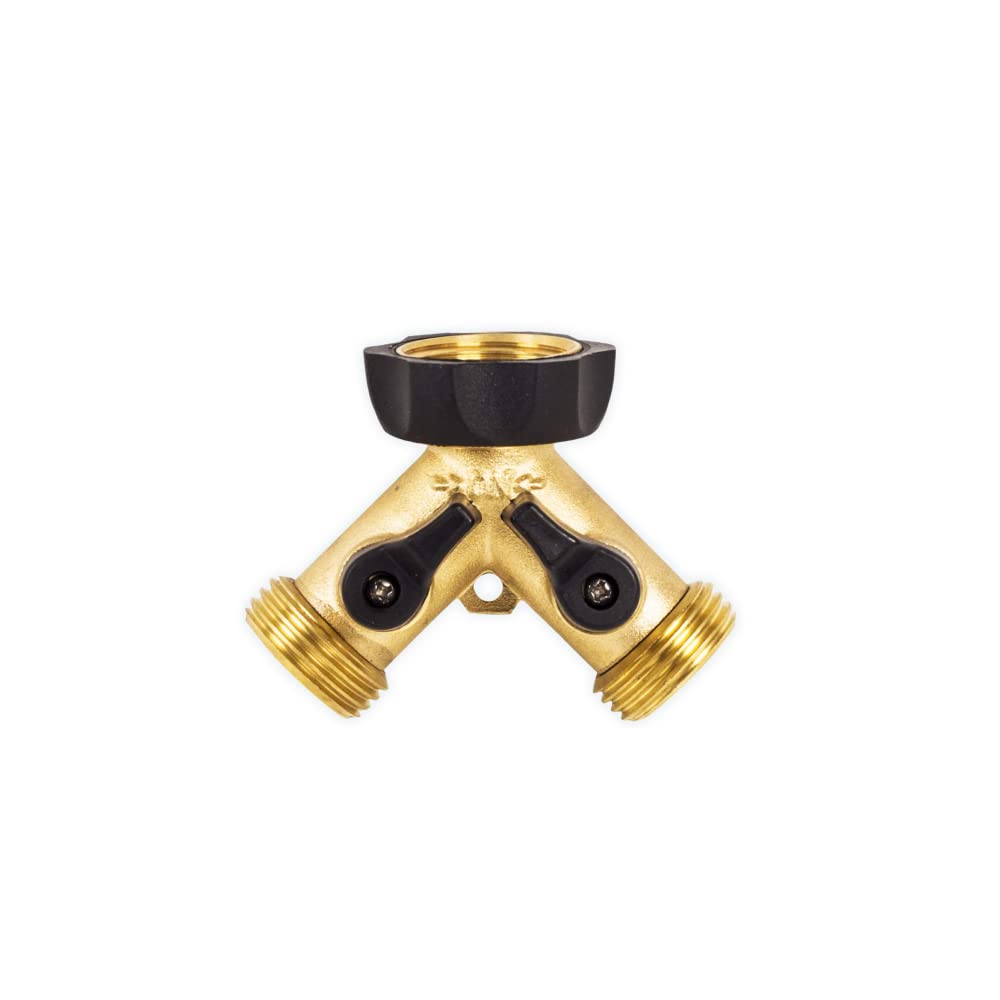 Heavy-Duty Brass 2-Way Garden Hose Splitter Adapter with Shut Off Valve - 3/4 Inch Hose Thread - Perfect for Lawn Irrigation, Car Washing & Outdoor Watering - A-HB2