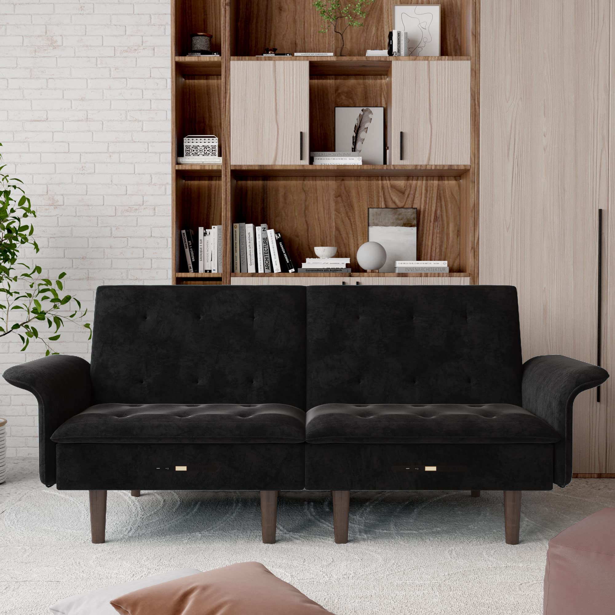 Modern Velvet Adjustable Sofa Bed with USB Charging Ports - Multifunctional Recliner Loveseat for Living Room, Bedroom, Office - Tufted Upholstered Black Sofa (Perfect for Small Spaces, Guest Rooms & Home Theater)