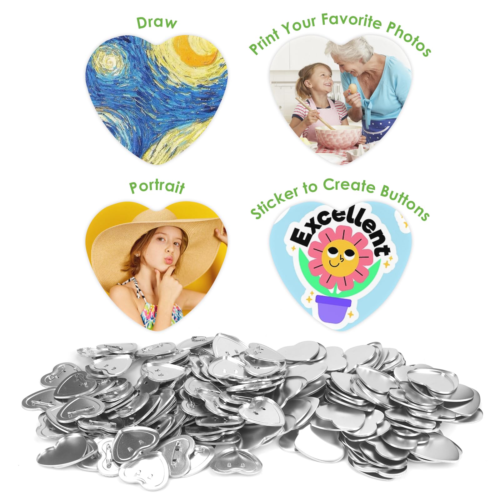 100 Pieces Heart Shaped Blank Button Maker Supplies Kit - Includes Metal Button Backs, Shells, Clear Films, Gaskets & Papers for DIY Badge Making | Perfect for Crafts, Events, Promotions & Personalized Gifts