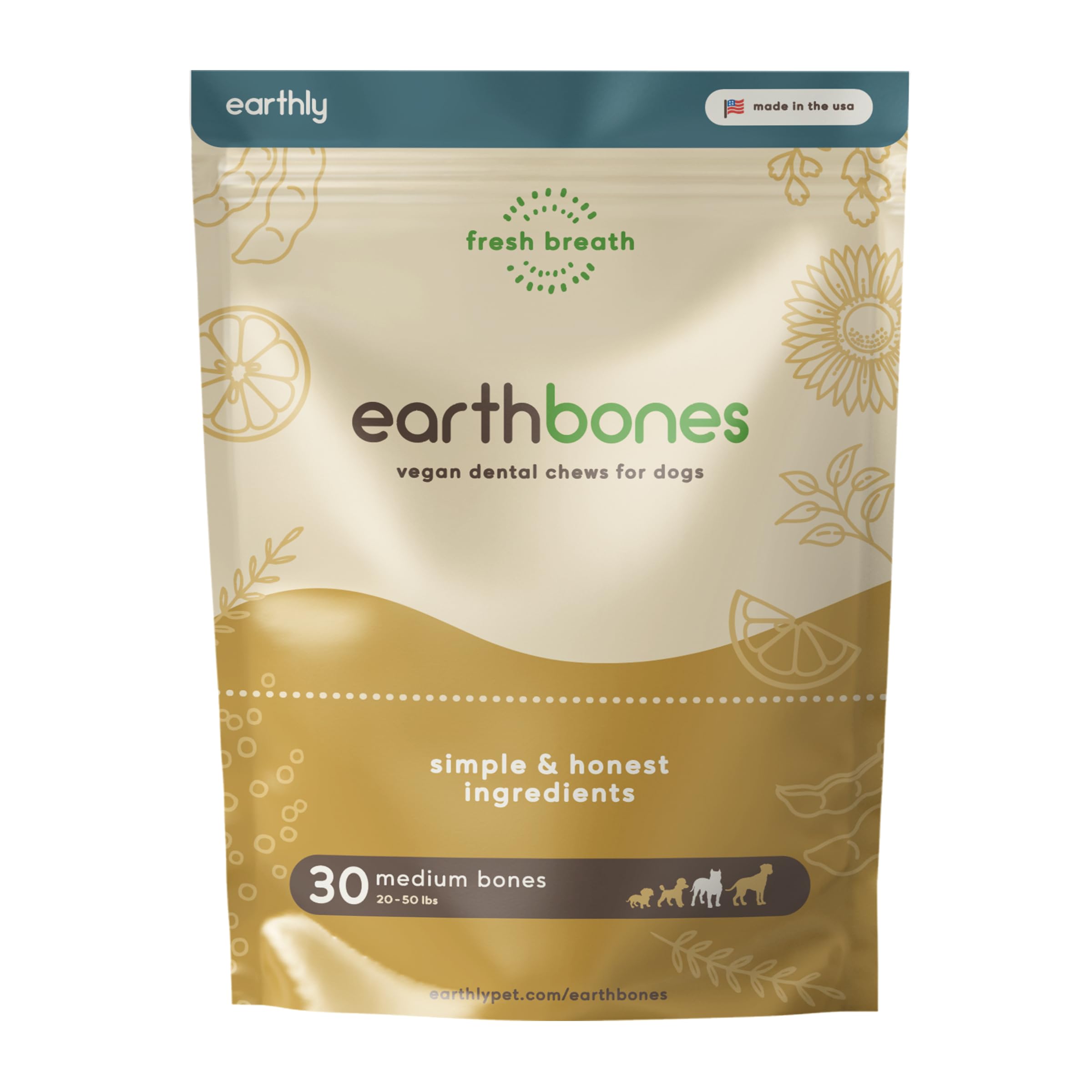 Earthbones Dental Chews for Dogs 20-50lbs - Natural Teeth Cleaning Treats for Medium Dogs, 30 Count - Promotes Fresh Breath & Healthy Gums - Perfect for Daily Oral Care & Training Rewards