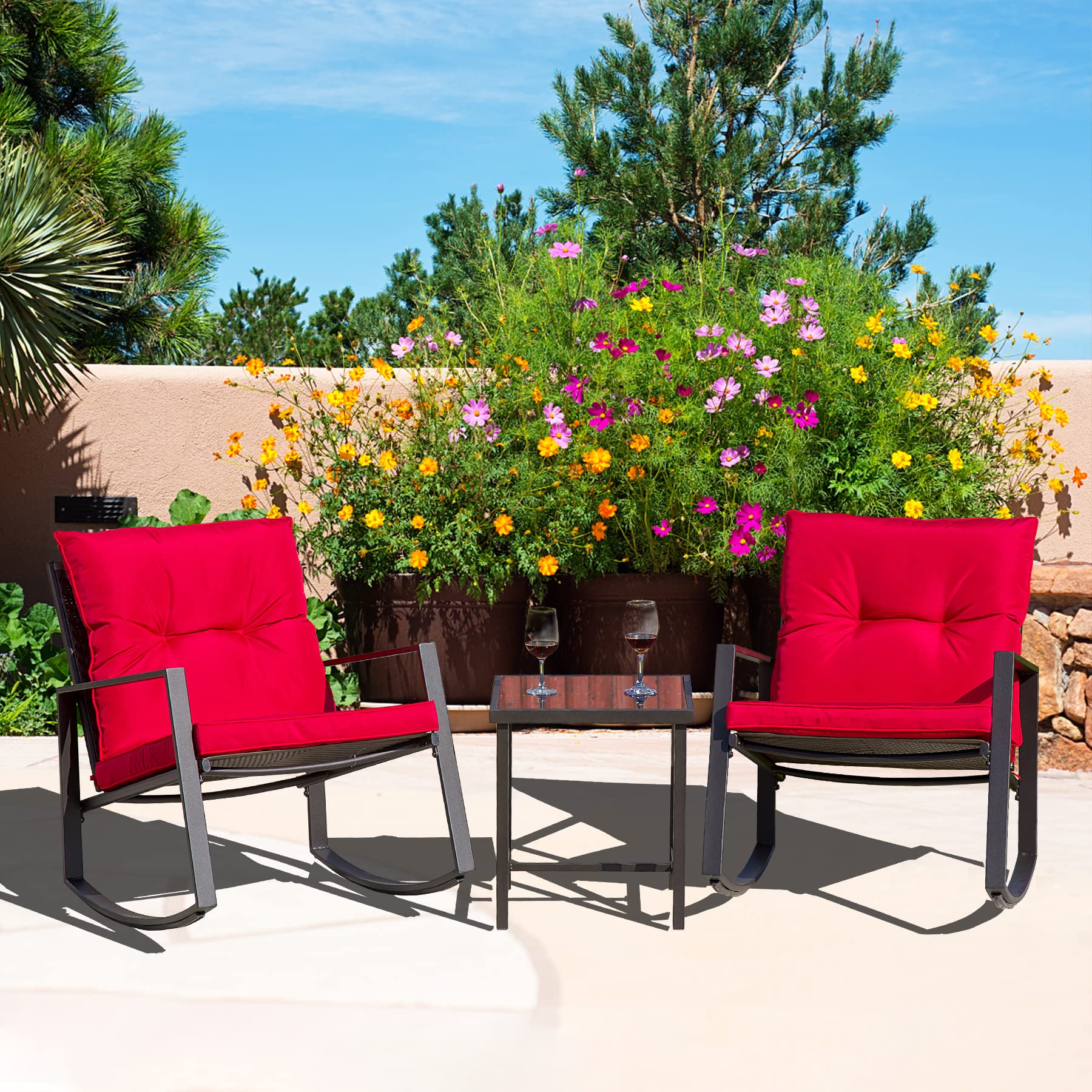 Domi Outdoor Bistro Set 3-Piece Patio Furniture - Wicker Rocking Chairs with Glass Top Coffee Table & Red Cushions - Perfect for Garden, Porch, and Backyard Relaxation