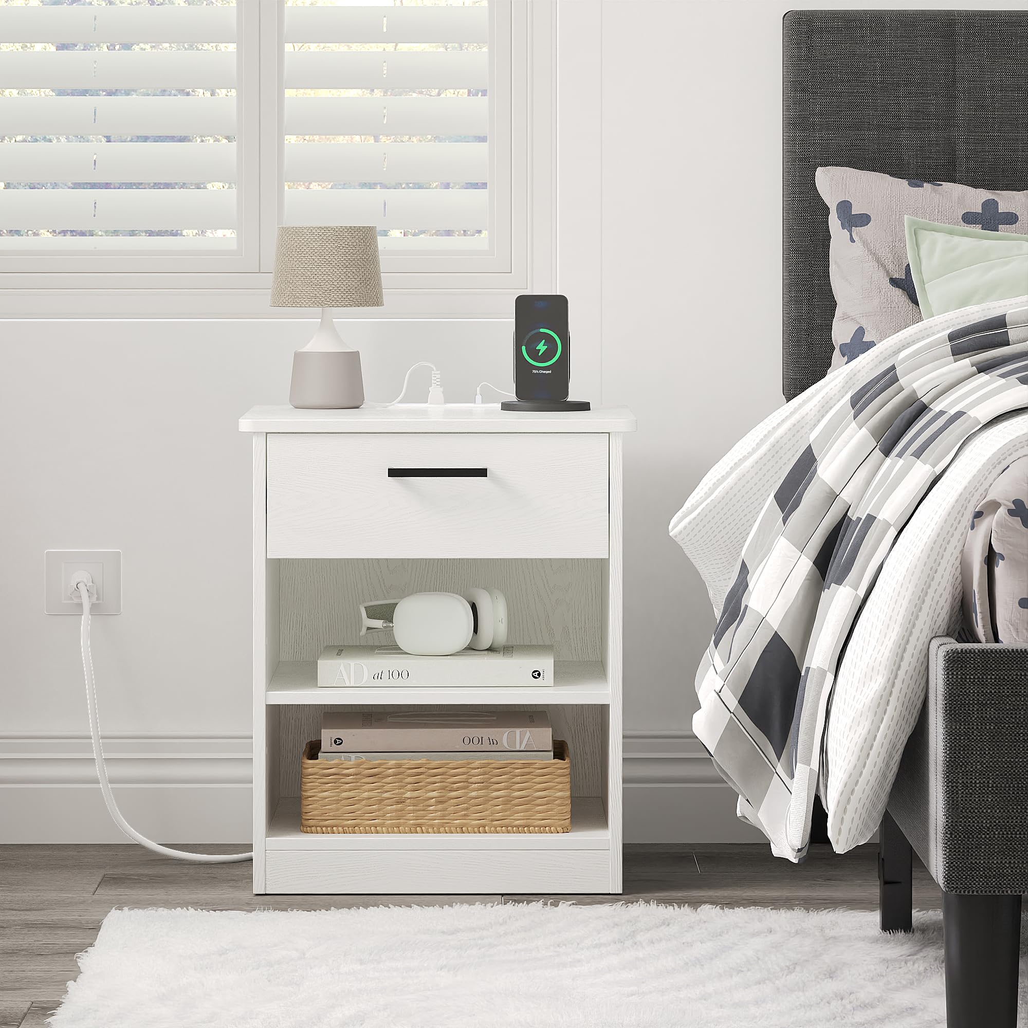 Fast Charging Wooden Side Table with USB C Port - White Nightstand with Drawer & Adjustable Shelf for Bedroom, Living Room, Office - Modern End Table for Phone Charging & Storage (Set of 1)