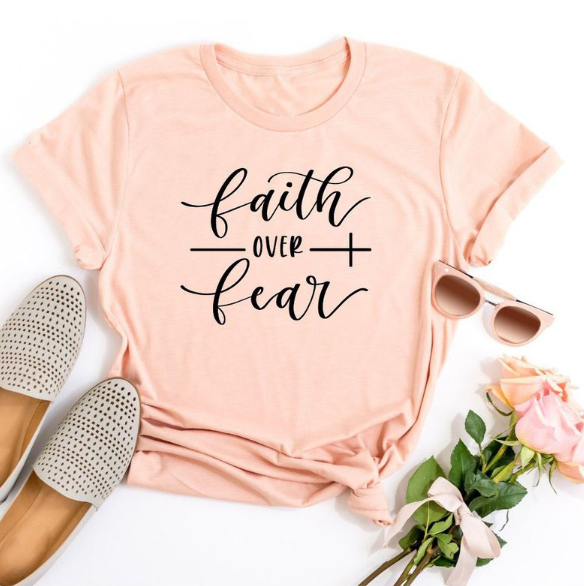 Faith Over Fear Christian T-Shirt for Women - Religious Inspirational Tee - Perfect for Church, Bible Study & Everyday Wear