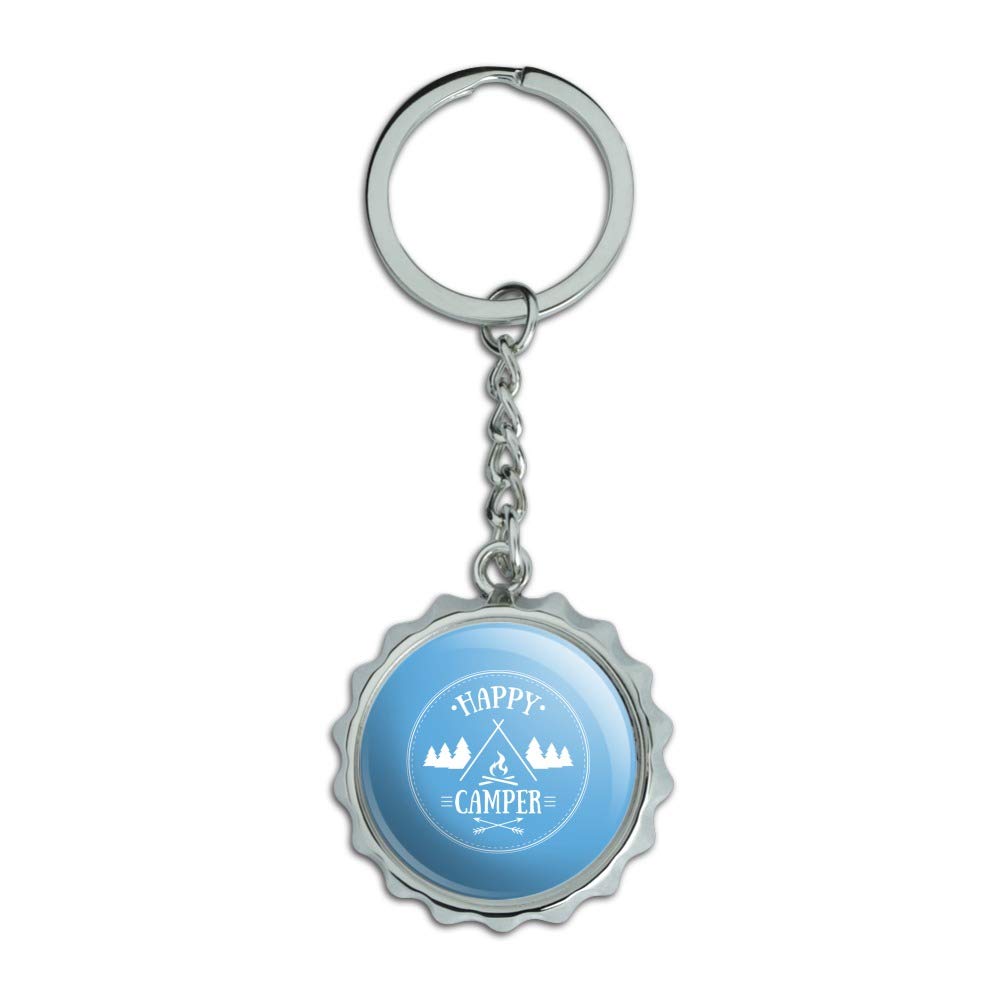 Happy Camper Campfire Keychain - Chrome Plated Metal Bottle Opener with Pop Top - Perfect for Camping, Hiking, Outdoor Adventures & Gifts