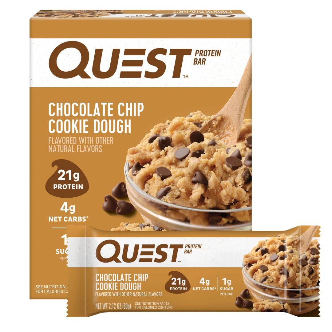Quest Nutrition Chocolate Chip Cookie Dough Protein Bars - 21g Protein, 4g Net Carbs, 1g Sugar, Gluten Free & Keto Friendly (4 Count) - Perfect for Post-Workout Recovery, Healthy Snacking & Low-Carb Diet