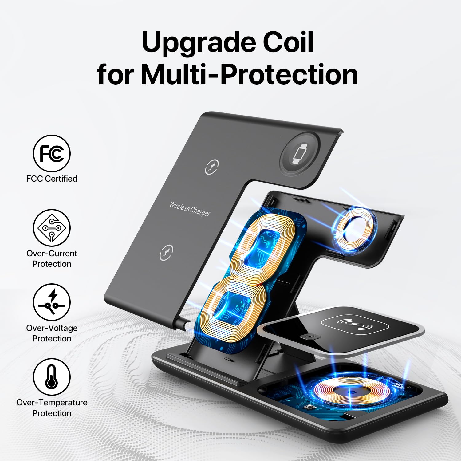 3-in-1 Wireless Charging Station for iPhone 16/15/14/13/12/11/X/Pro Max, Apple Watch & AirPods 4/3/Pro - Fast Qi-Certified Charger Stand for Bedroom, Office & Travel (Black)