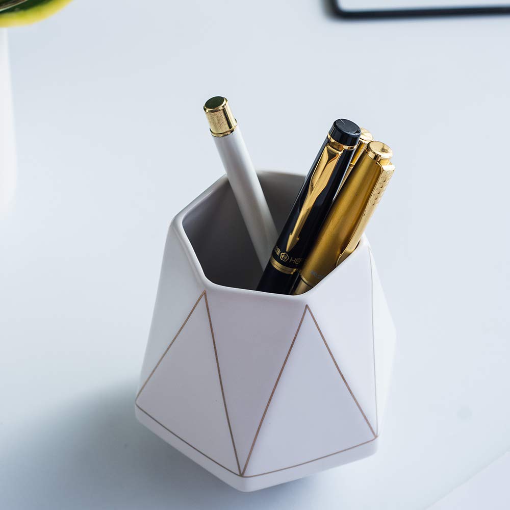 Elegant White Ceramic Pen Holder with Gold Line - Stylish Desk Organizer for Pens, Pencils & Makeup Brushes | Perfect for Office, Study & Vanity Decor