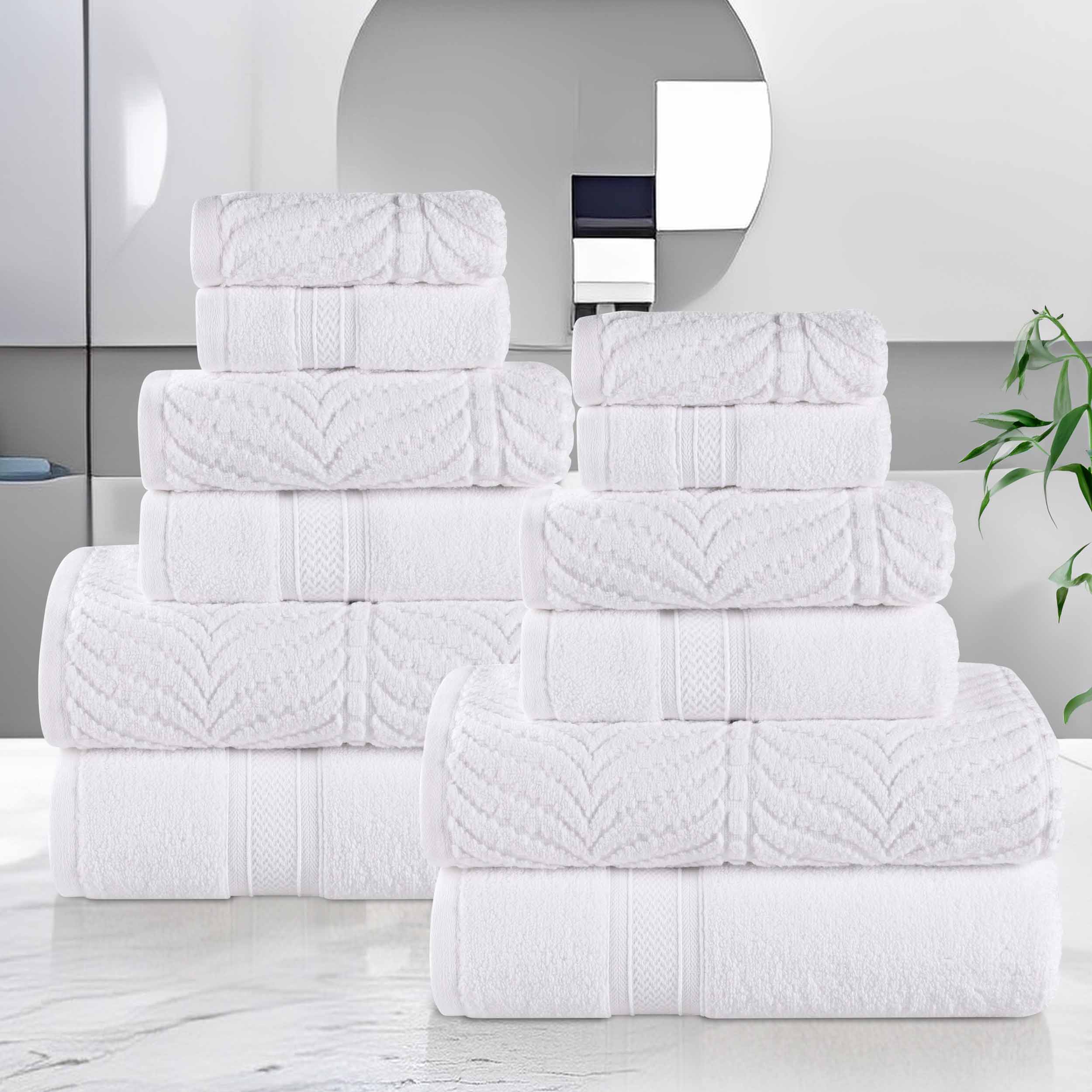 Premium 12-Piece Zero Twist Cotton Towel Set - Solid & Jacquard Chevron Design for Bath, Spa, and Luxury Home Decor