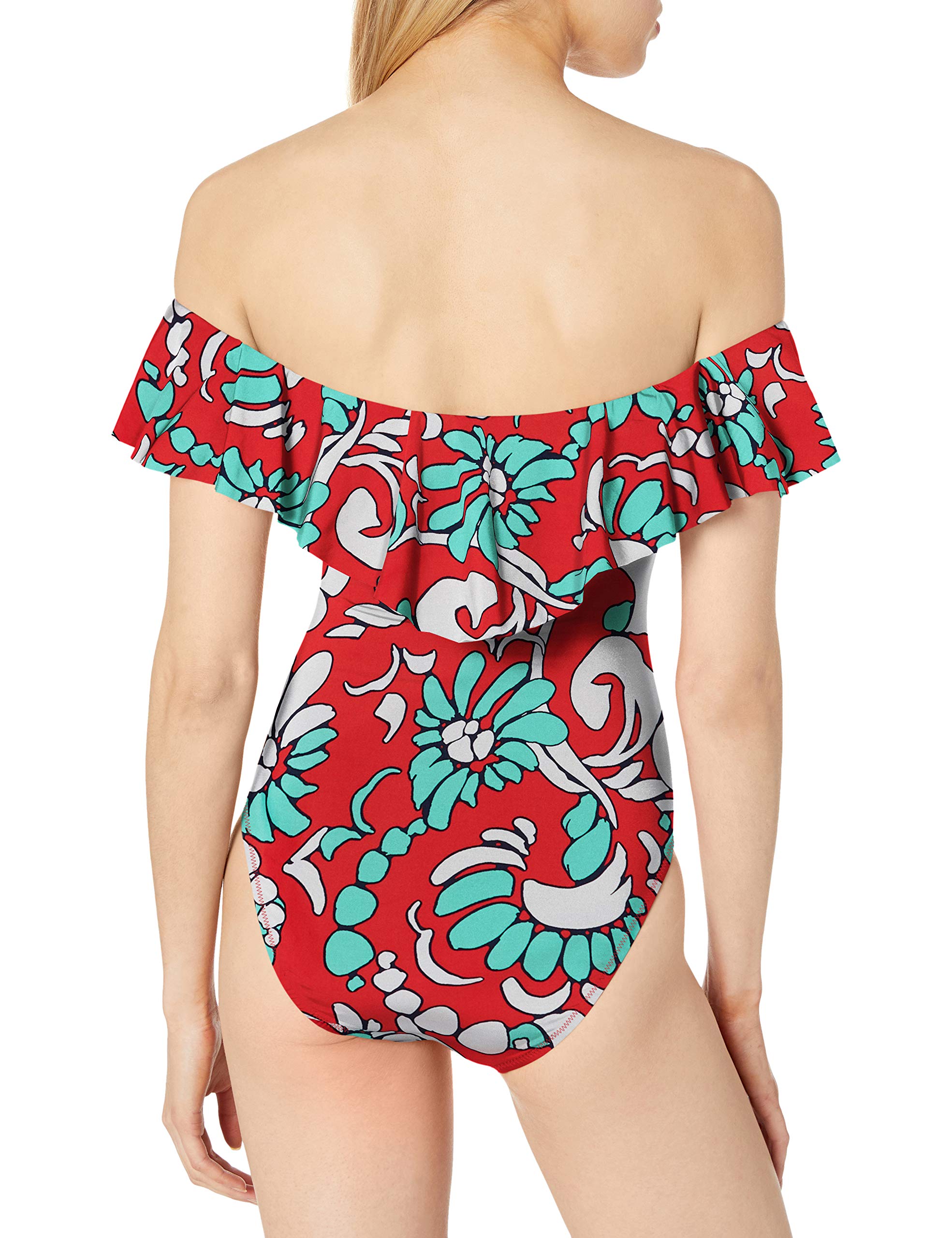 Trina Turk Women's Off Shoulder Ruffle Bandeau One Piece Swimsuit - Sexy Summer Beachwear for Pool Parties & Vacation