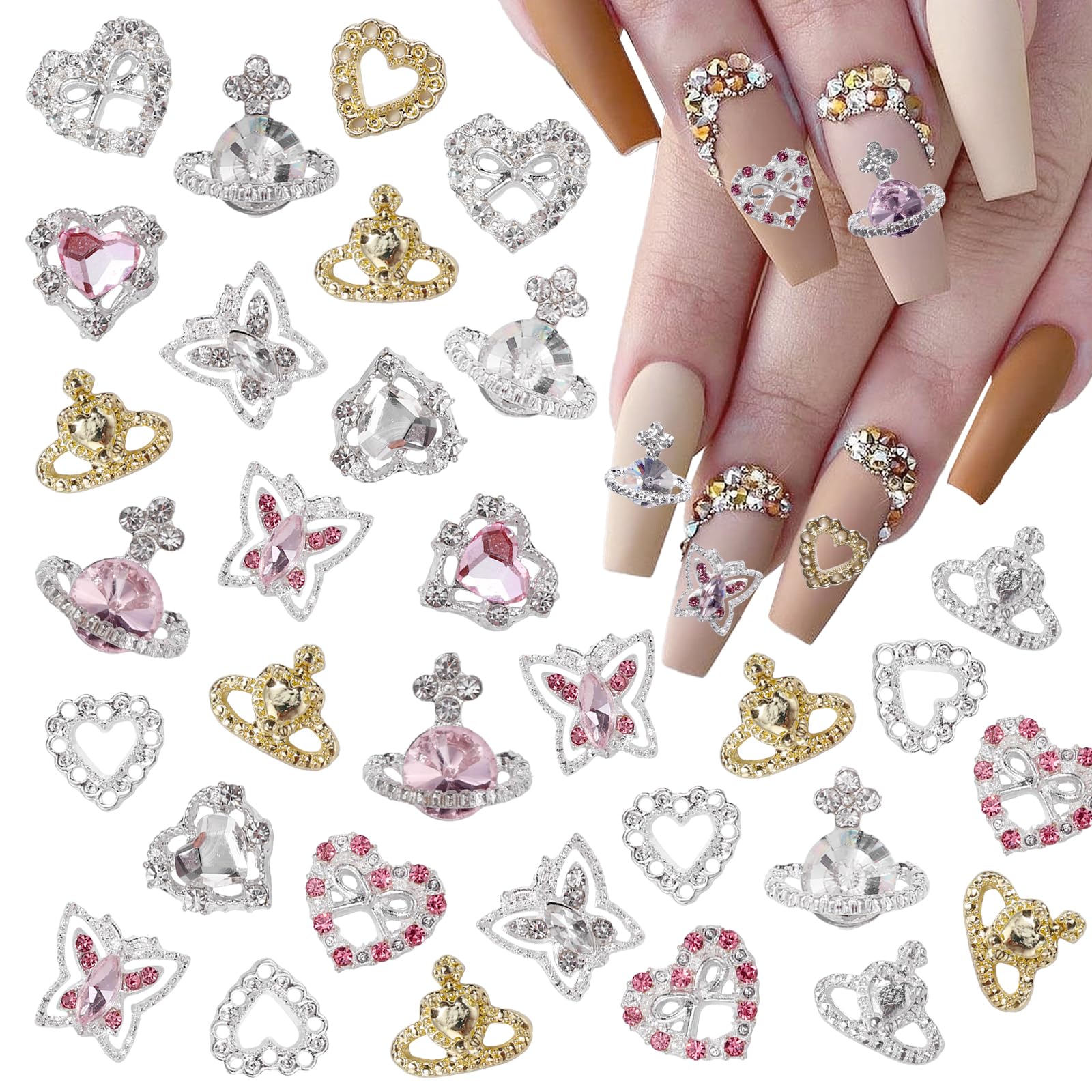72 Pcs Heart Nail Charms - Shiny Planet Heart, Butterfly Metal Charms & Gems for Nail Art DIY - Silver Gold Heart Crown Nail Decorations - Perfect for Manicures, Nail Extensions & Creative Nail Designs