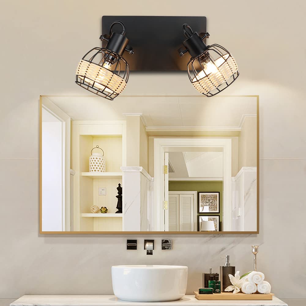 Depuley LED Ceiling Light - 2-Way Rotatable Spotlight, Industrial Swivel Kitchen Light with Black Metal Cage & Rattan Shade for Living Room, Dining Room, Bedroom | Modern Rustic Lighting for Home, Cafe, Restaurant Decor