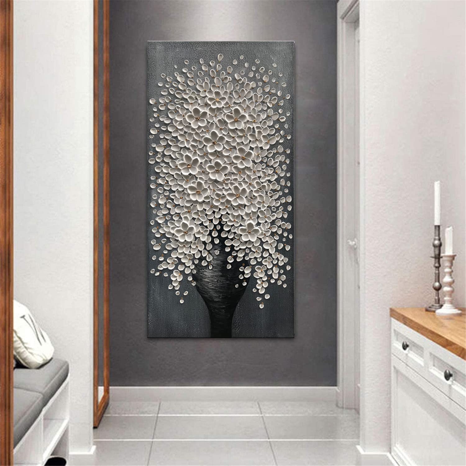 Alenoss 100% Hand Painted Floral Oil Painting - 24x48 Inch White Abstract Flower Canvas Wall Art - 3D Vertical Wall Decor for Dining Room, Hallway & Living Room - Perfect for Home Decor & Office Wall Art