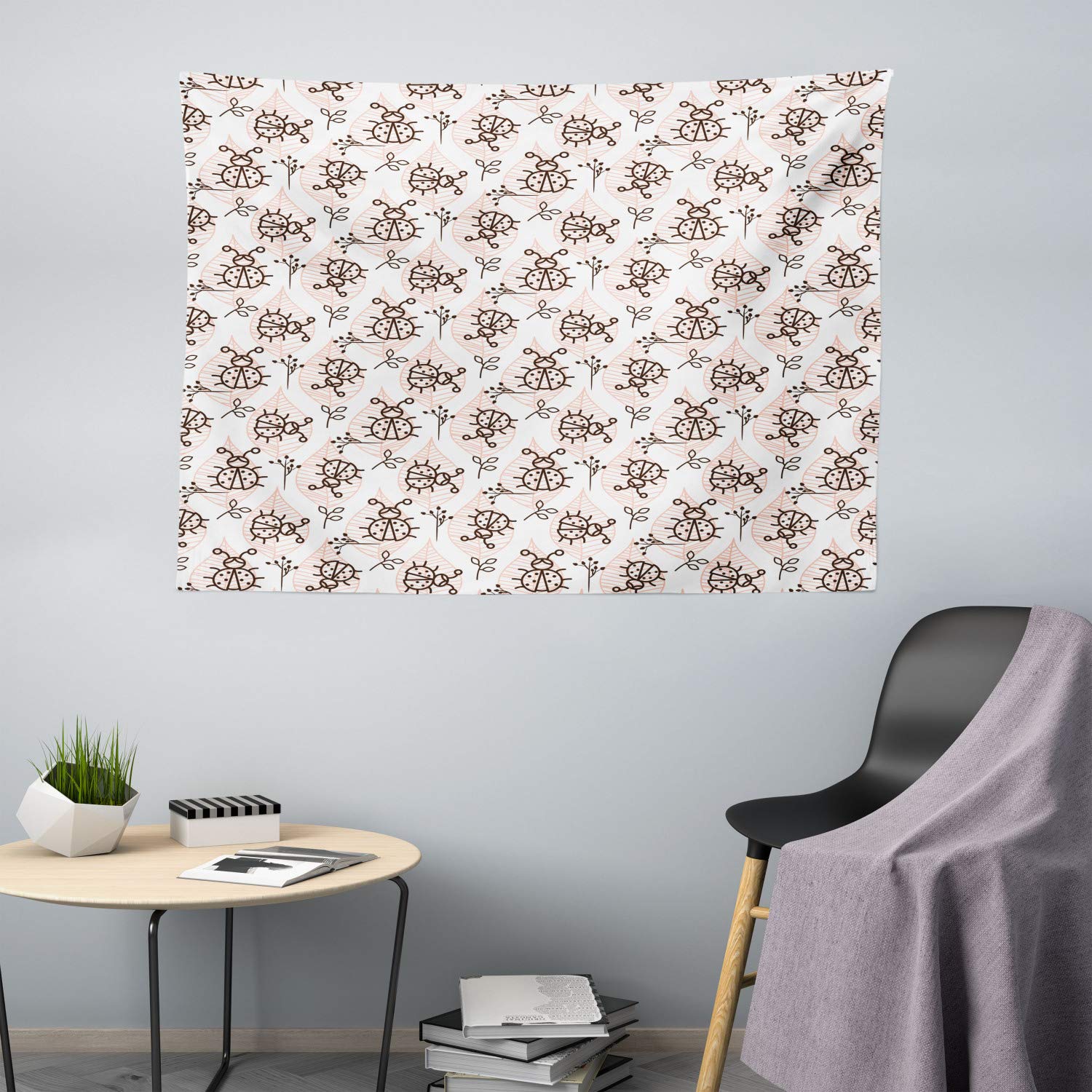 Ambesonne Ladybug Tapestry King Size - Hand-Drawn Insect Design on Pastel Striped Leaves - Wall Hanging, Bedspread & Home Decor (104x88 Inches, Peach Charcoal Grey) - Perfect for Kids' Rooms, Nursery Decor & Bohemian Bedroom Themes