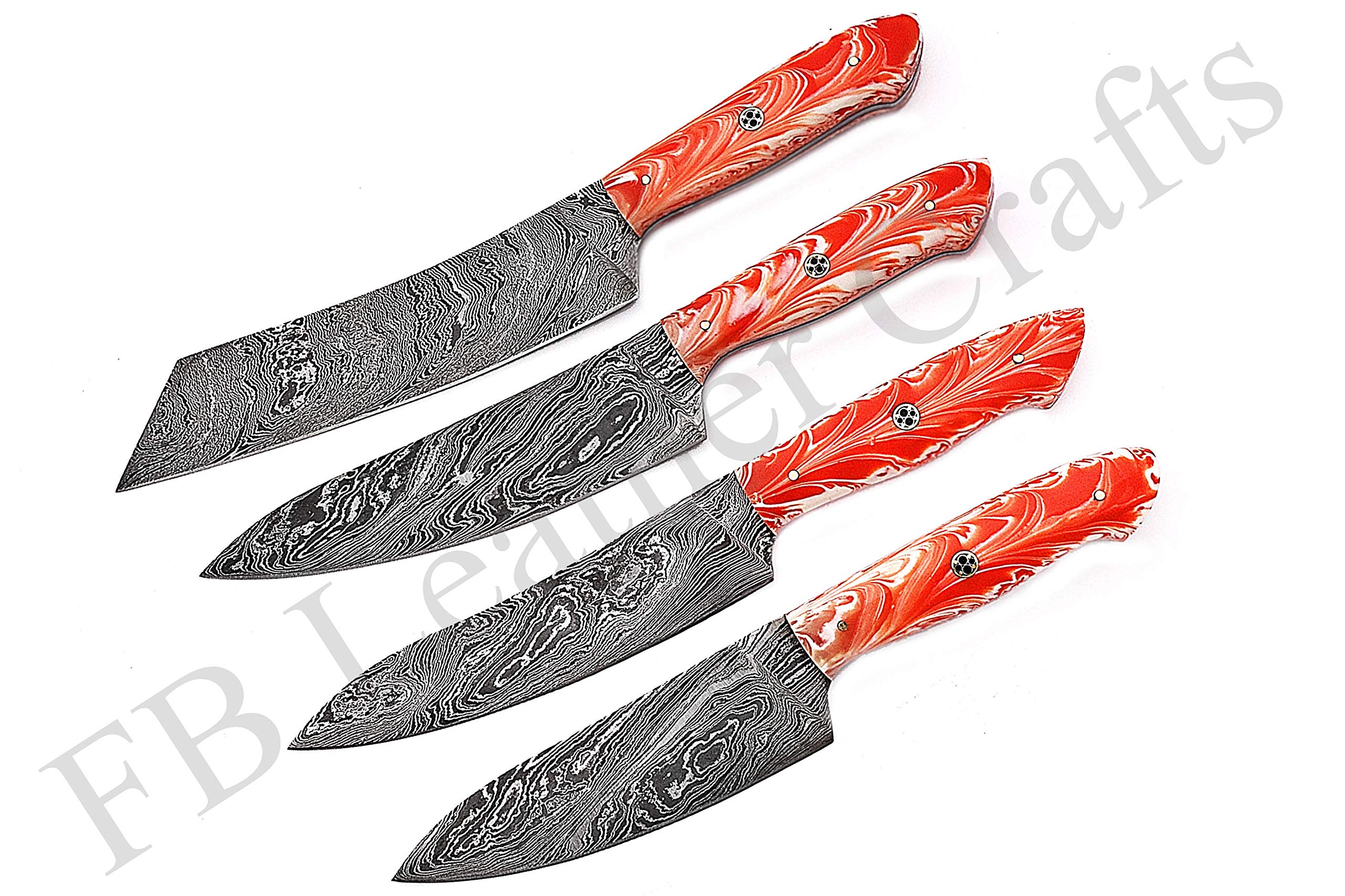 Premium Damascus Steel Chef Knife Set - 4-Piece Custom Kitchen Knives with Orange & White Resin Handles (FBK-1016 & 1067) - Perfect for Professional Chefs & Home Cooking Enthusiasts