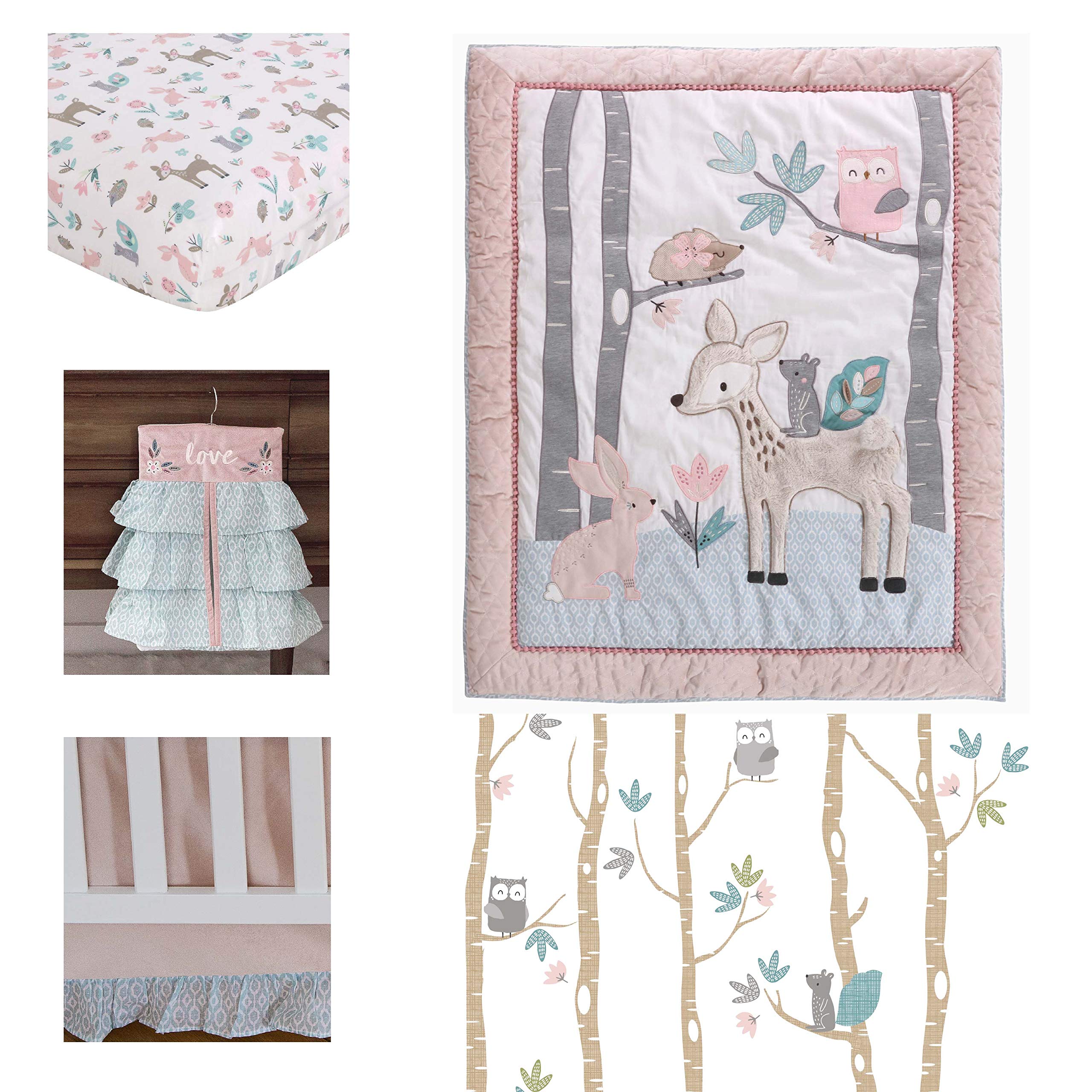 Levtex Baby Everly 5-Piece Crib Bedding Set - Woodland Deer & Friends Nursery Collection in Aqua Blush Grey Teal - Includes Quilt, Fitted Sheet, Diaper Stacker, Wall Decal & Bed Skirt - Perfect for Baby Shower Gifts & Nursery Decor