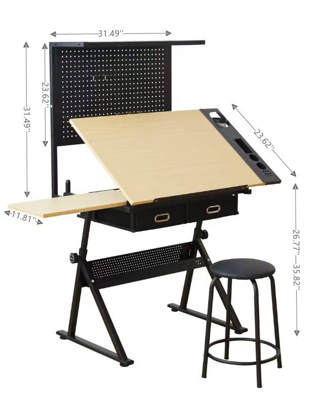LOPOO Adjustable Height Drafting Table - Artist Desk with Magnetic Perforated Panel, Tilting Tabletop & 2 Storage Drawers - Sketching, Crafting & Art Workstation with Stool (Black-Oak) - Perfect for Home Studio, Office & Classroom Art Projects