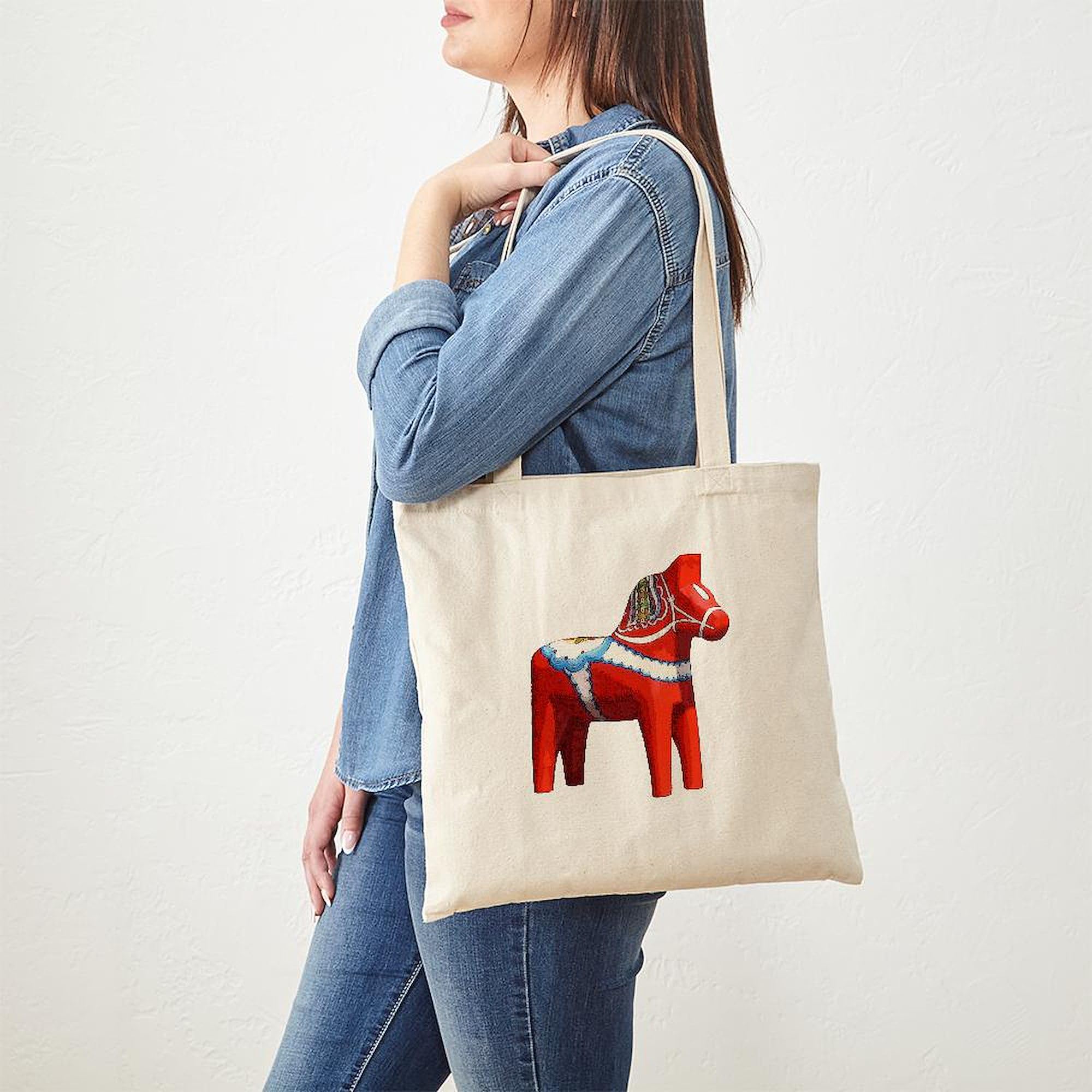Dala Horse Tote Bag - Natural Canvas Reusable Shopping Bag for Women & Men - Eco-Friendly Grocery Bag for Market, Beach & Daily Use