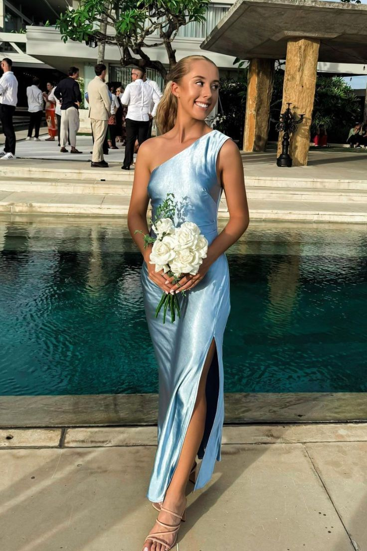 Elegant Blue One Shoulder Satin Bridesmaid Dress J5327 - Perfect for Weddings, Formal Events & Evening Parties
