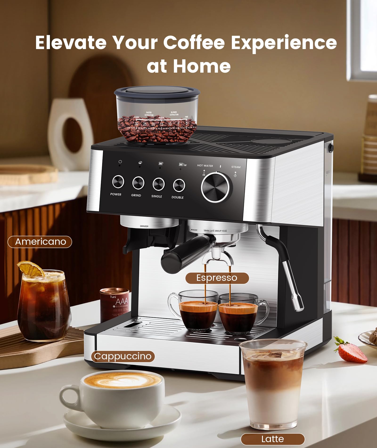 COWSAR 15 Bar Semi-Automatic Espresso Machine with Built-in 30-Position Grinder & Milk Frother - 77.8oz Removable Water Tank - Perfect for Making Latte, Cappuccino at Home or Office - Ideal Coffee Maker for Small Kitchens & Break Rooms