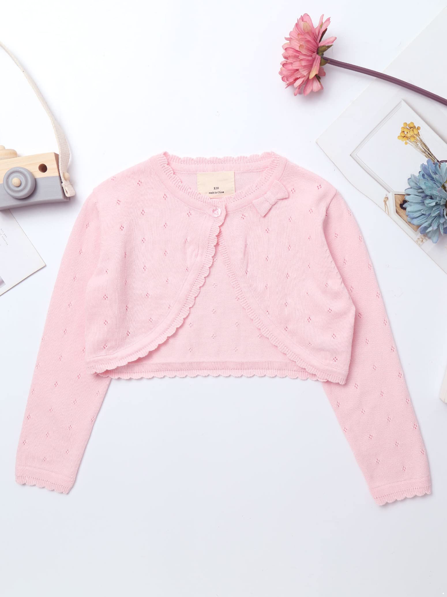 Girls Long Sleeve Knitted Bolero Cardigan - Pink Wedding Cover Up for Flower Girls (Age 8) | Perfect for Bridal Parties, Christenings & Special Occasions