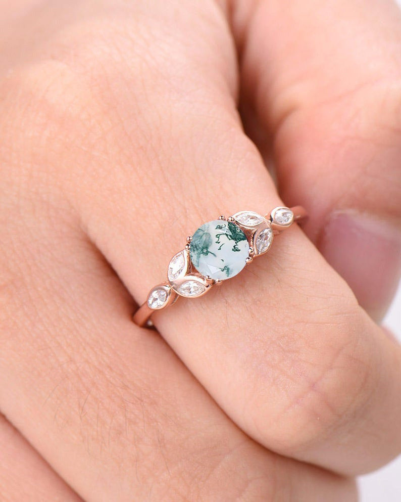 Natural Moss Agate Rose Gold Engagement Ring for Women - Elegant Wedding & Bridal Jewelry - Perfect for Proposals, Anniversaries & Romantic Occasions