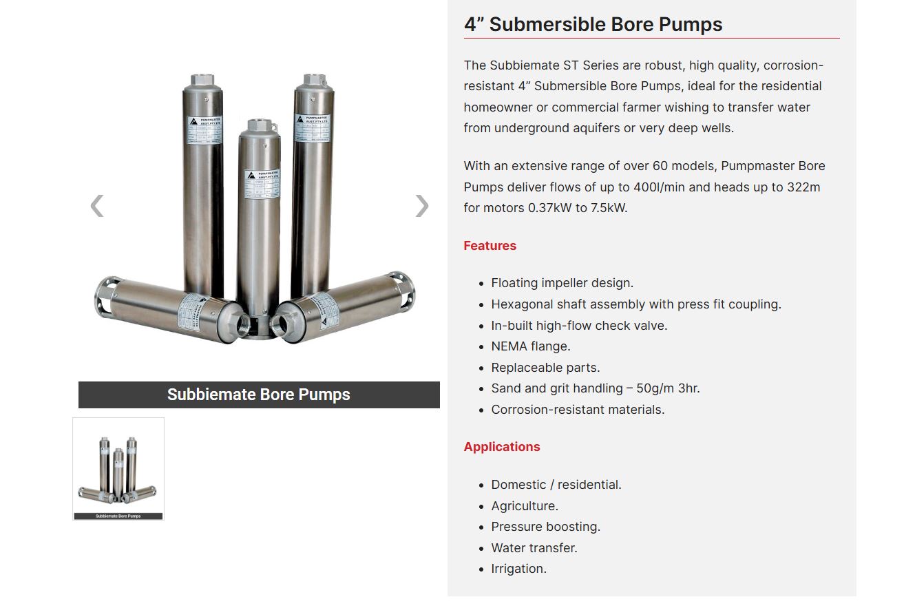 Pumpmaster Subbiemate ST 18 Series 4 Submersible Bore Pumps with Motor - 100LPM Max Flow for Deep Well Water Extraction | Ideal for Residential, Agricultural & Industrial Water Supply