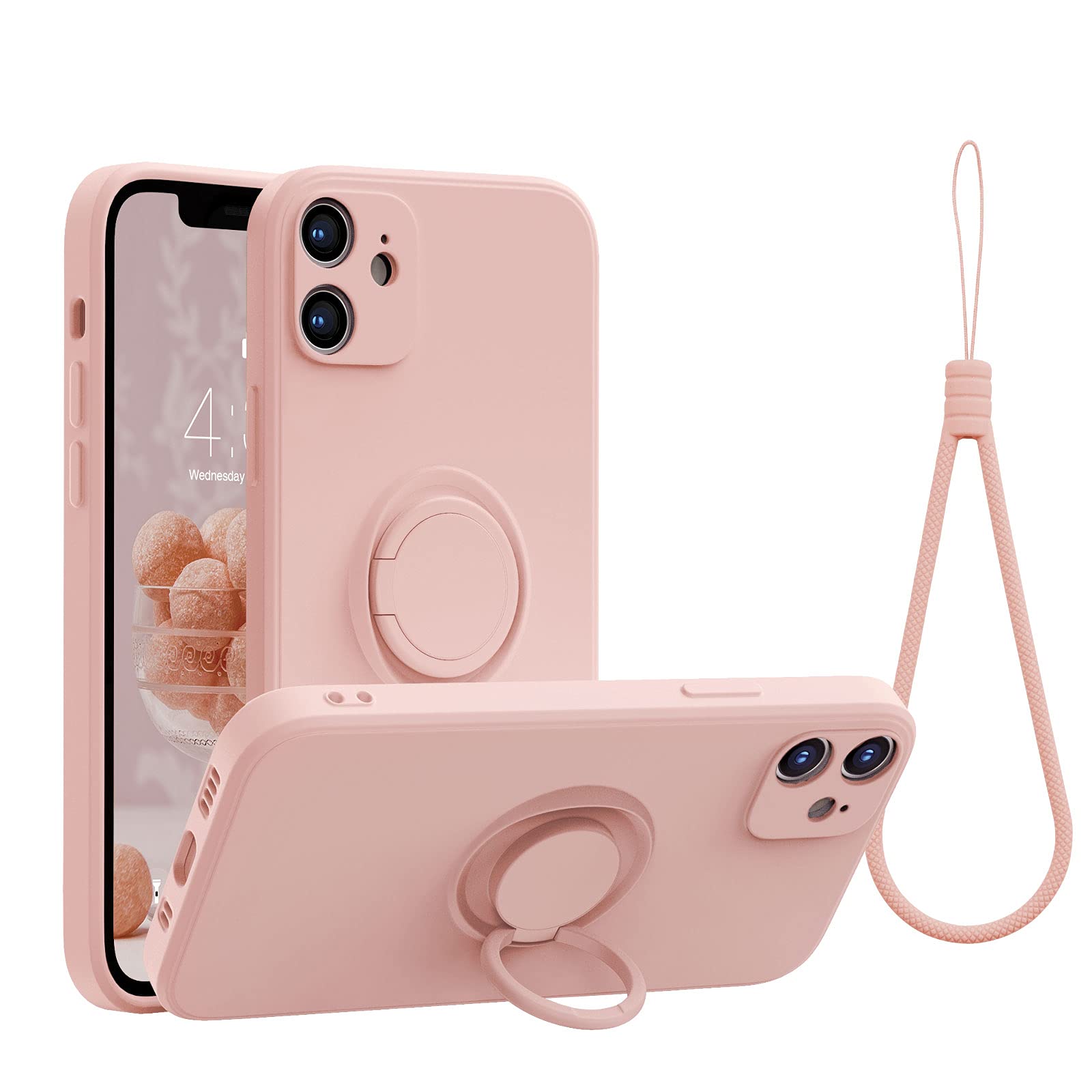 ABITKU iPhone 12 Case [6.1 inch 2020] - Premium Silicone Protective Cover with 360° Rotating Ring Kickstand & Magnetic Car Mount, Soft Microfiber Lining (Pink) | Perfect for Work, Travel & Everyday Use