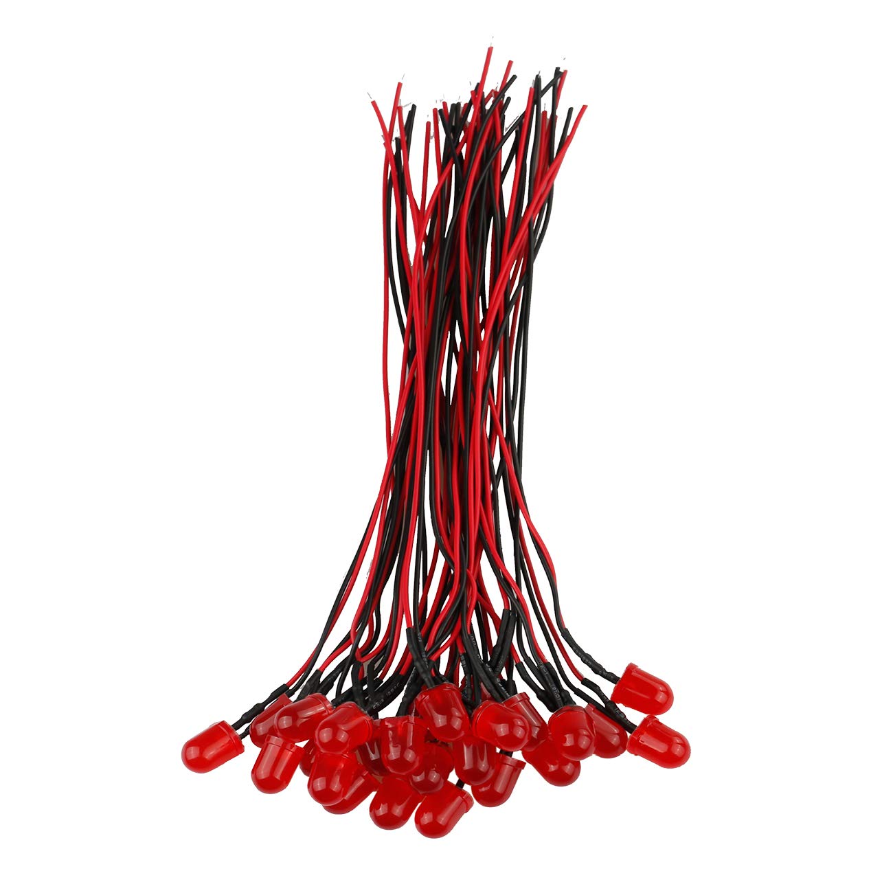 50pcs 12V 10mm Red LED Lights - Pre-Wired 7.9 Inch DC 12v Diffused LED Bulbs with Colored Lens - Small LED Lamps for DIY Electronics, Automotive Lighting, Home Decor & Holiday Decorations