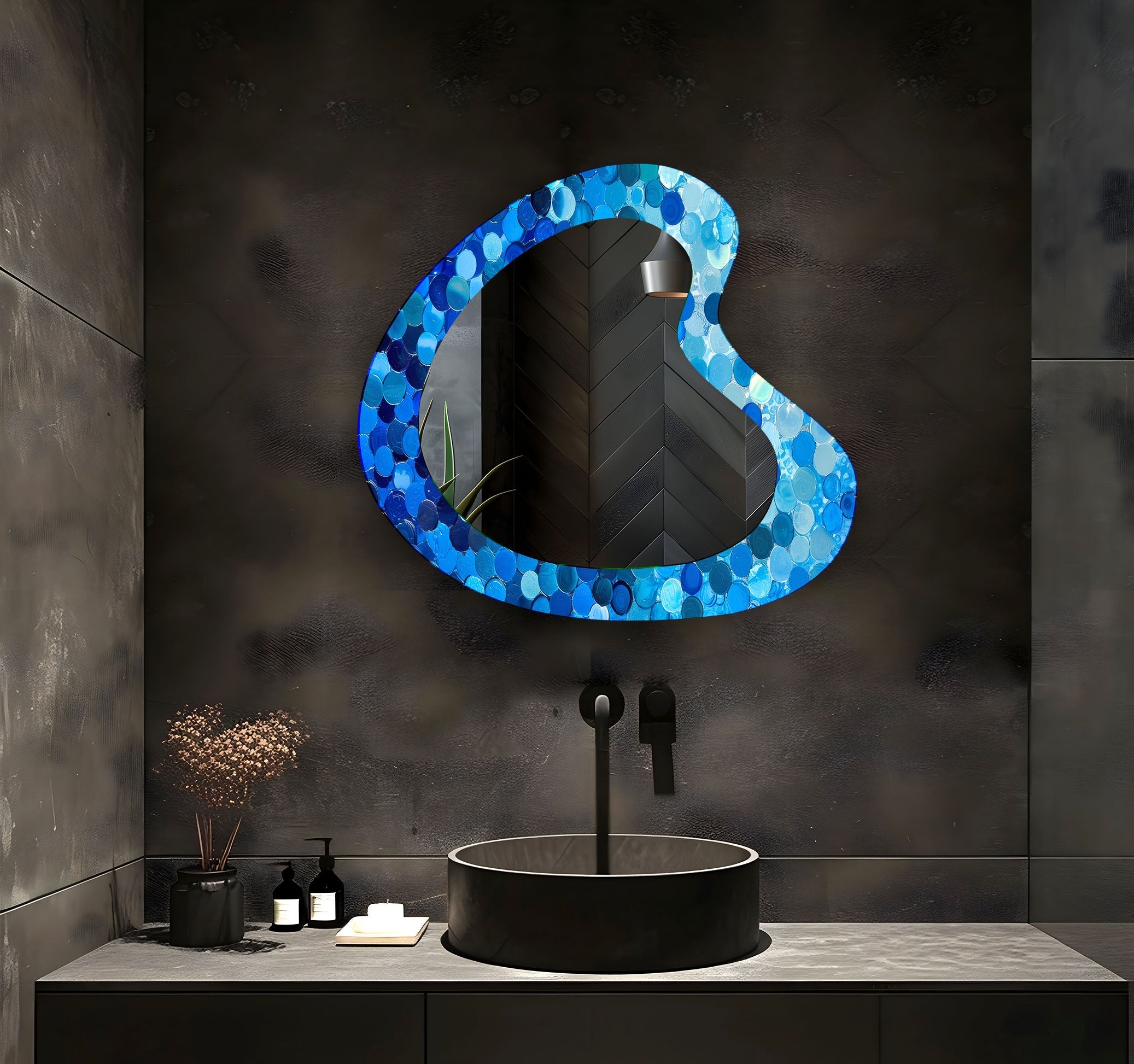 Blue Bubbles Decorative Glass Wall Mirror - Elegant Round Bathroom Vanity Mirror for Bedroom & Living Room Decor