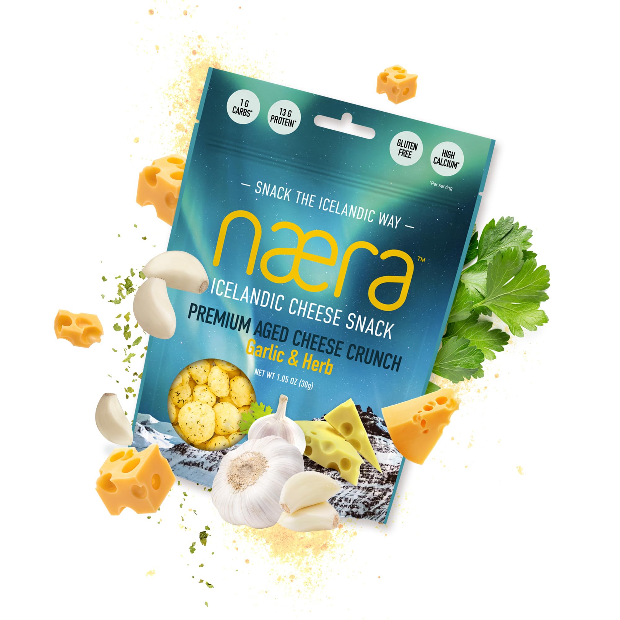 Næra Icelandic - Garlic & Herb Aged Cheese Crunch Protein Snacks | Keto Friendly, Gluten-Free, High Protein | All-Natural Snack for Adults & Kids (1.05 oz) | Perfect for On-the-Go, Lunchboxes & Low-Carb Diets