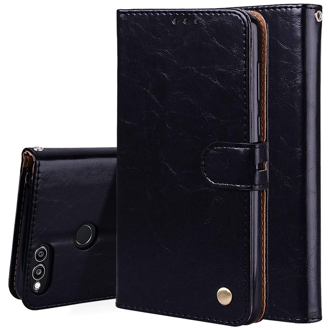 Premium Business Style Horizontal Flip Leather Phone Case for Huawei Honor Play 7X - Oil Wax Texture with Card Slots, Wallet & Holder (Black) | Perfect for Office, Travel & Daily Protection