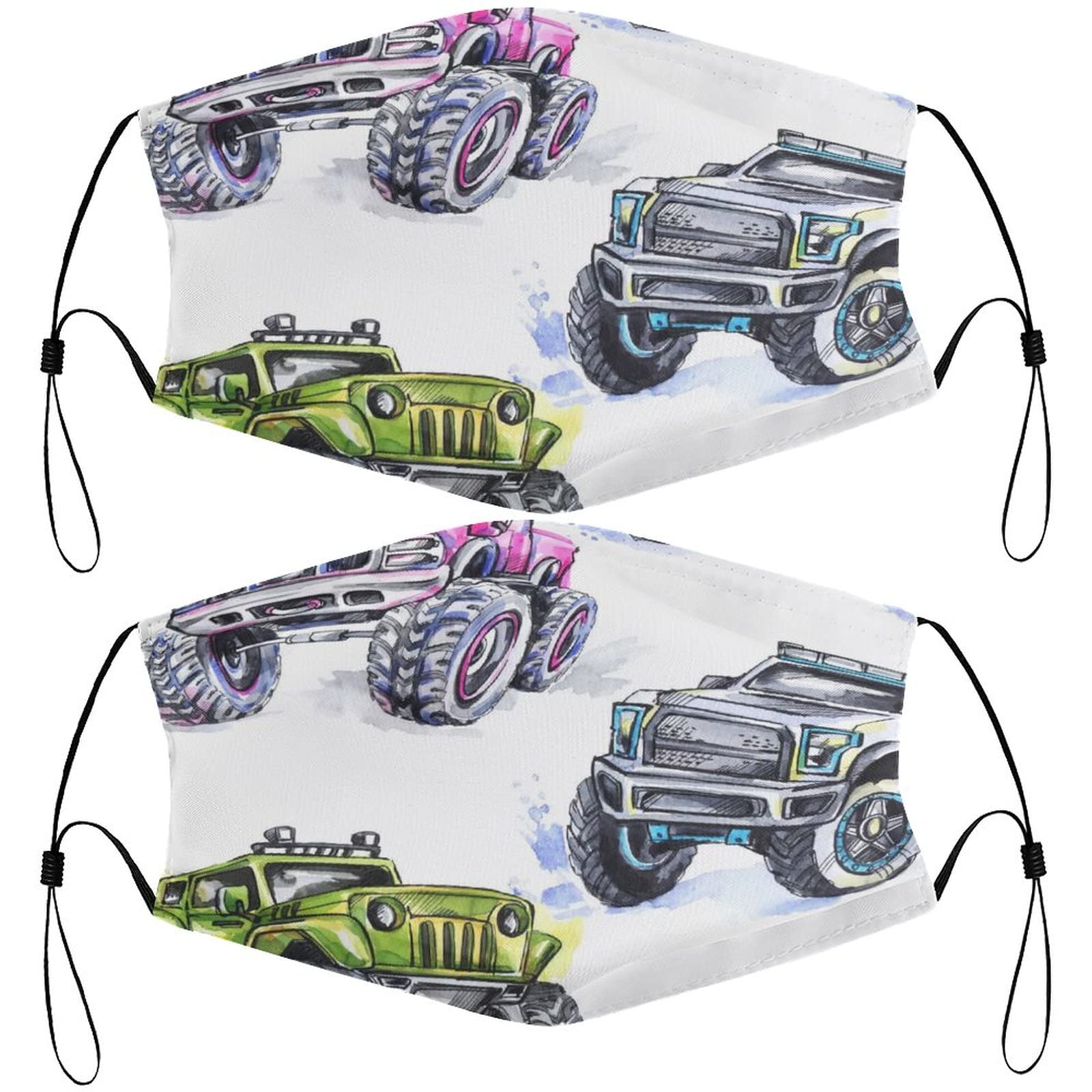 Reusable Washable Kids Cartoon Monster Truck Face Mask - Adjustable Earloop with 4 Filters for School & Outdoor Activities