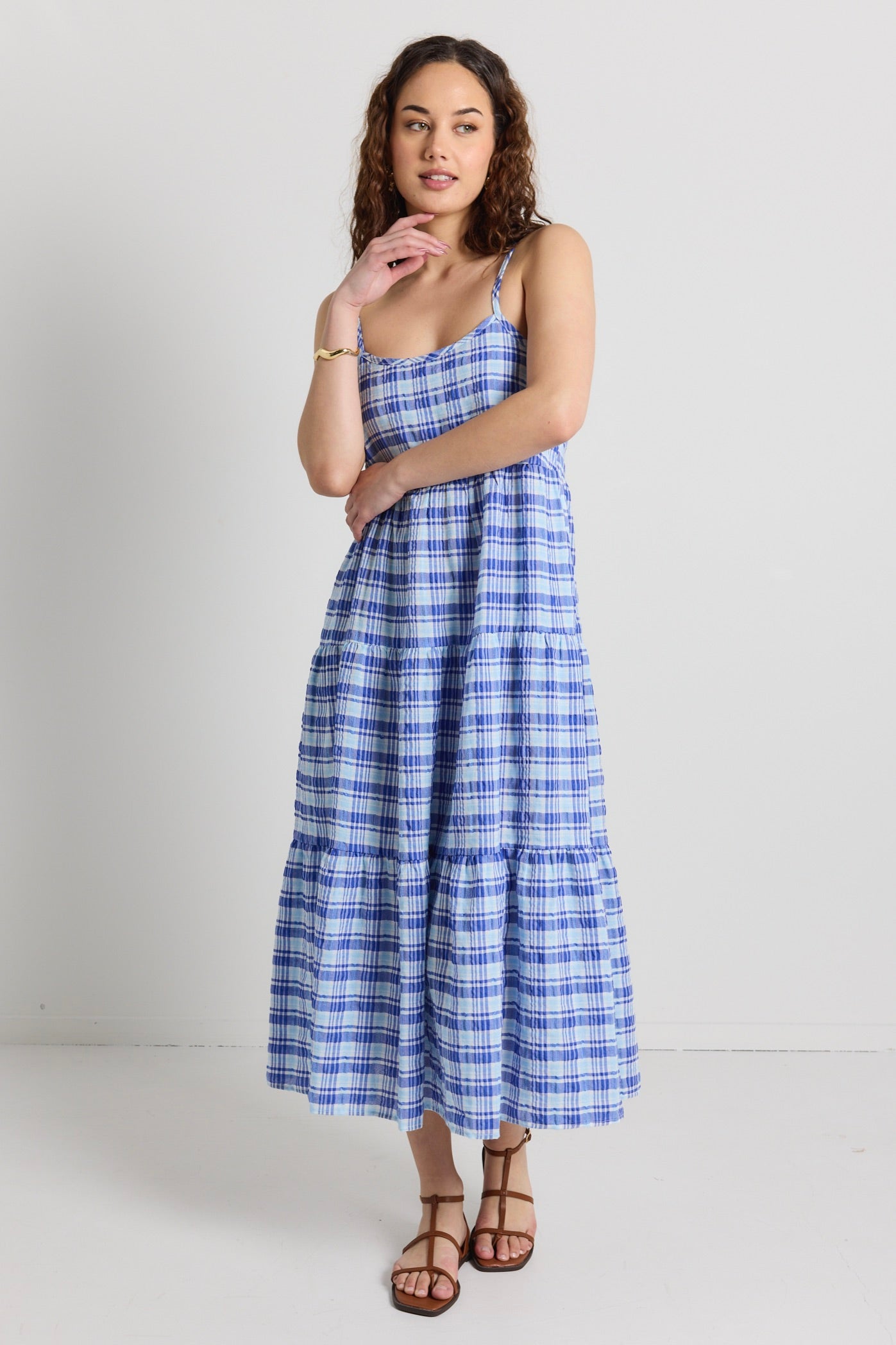 Skip Blue Check Strappy Tiered Midi Dress - Flowy Summer Dress for Women, Beach Wedding Guest Outfit & Vacation Dress