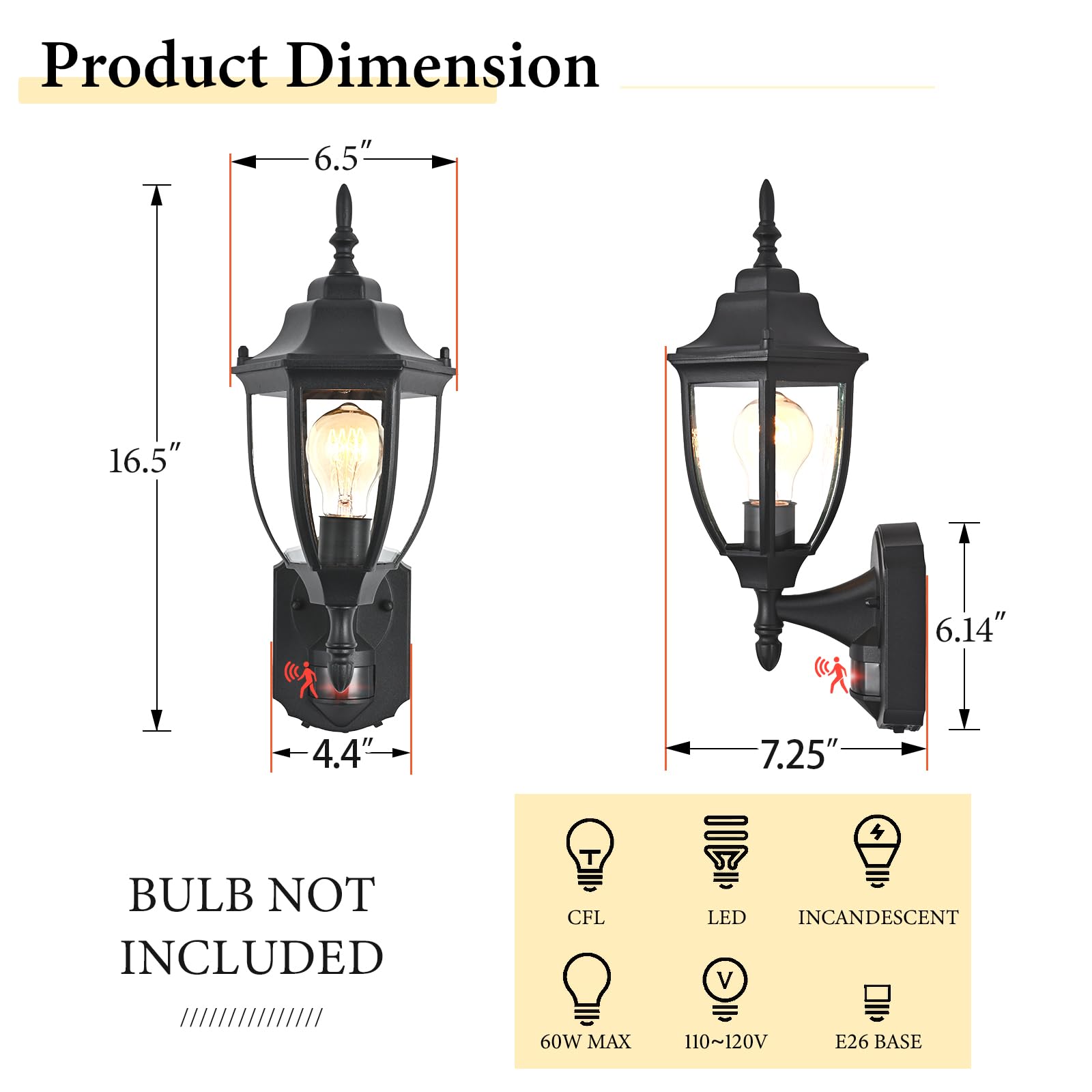 Outdoor Motion Sensor Wall Sconce - Rust-Resistant Aluminum Porch Light with Dusk to Dawn Sensor, Waterproof Exterior Wall Mount Lighting for House, Patio, Garden & Front Door Security