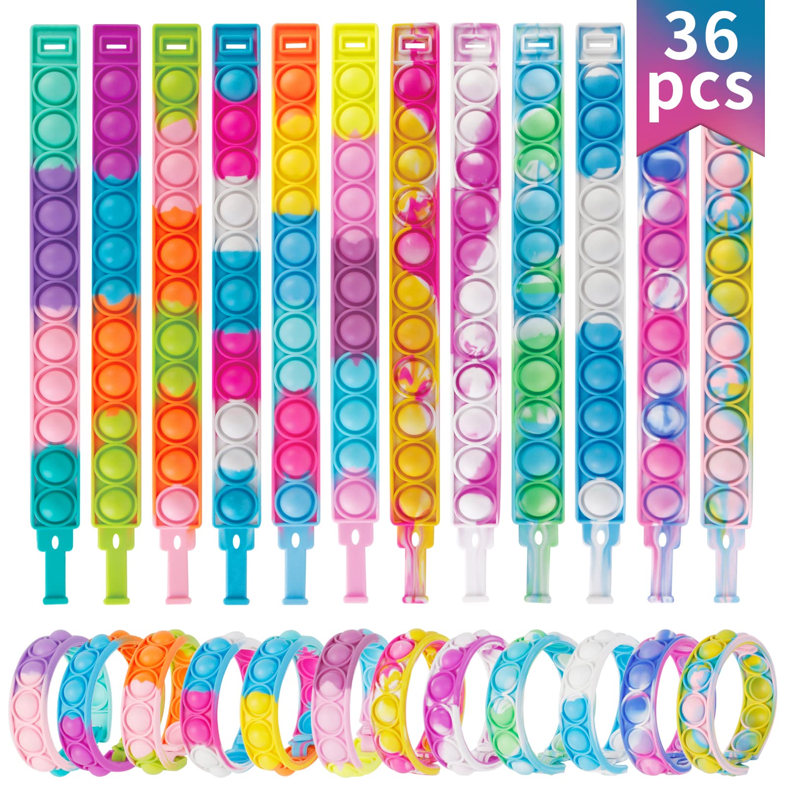 36-Pack Pop Fidget Bracelets for Kids 4-12 - Sensory Toys for Classroom & Party Favors