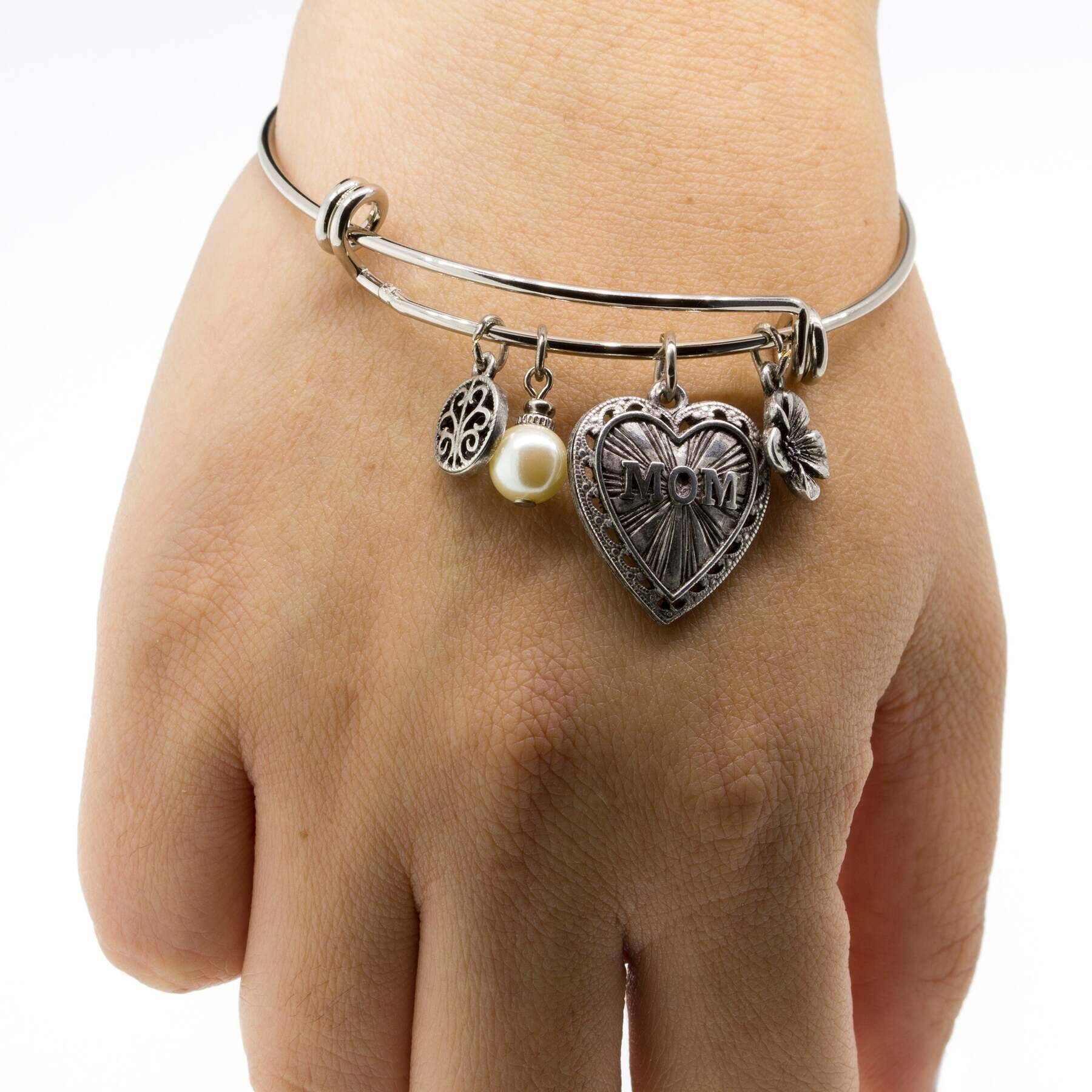 1928 Jewelry Mom Heart Flower White Faux Pearl Charm Bracelet - Elegant Gift for Mother's Day, Anniversary or Special Occasion