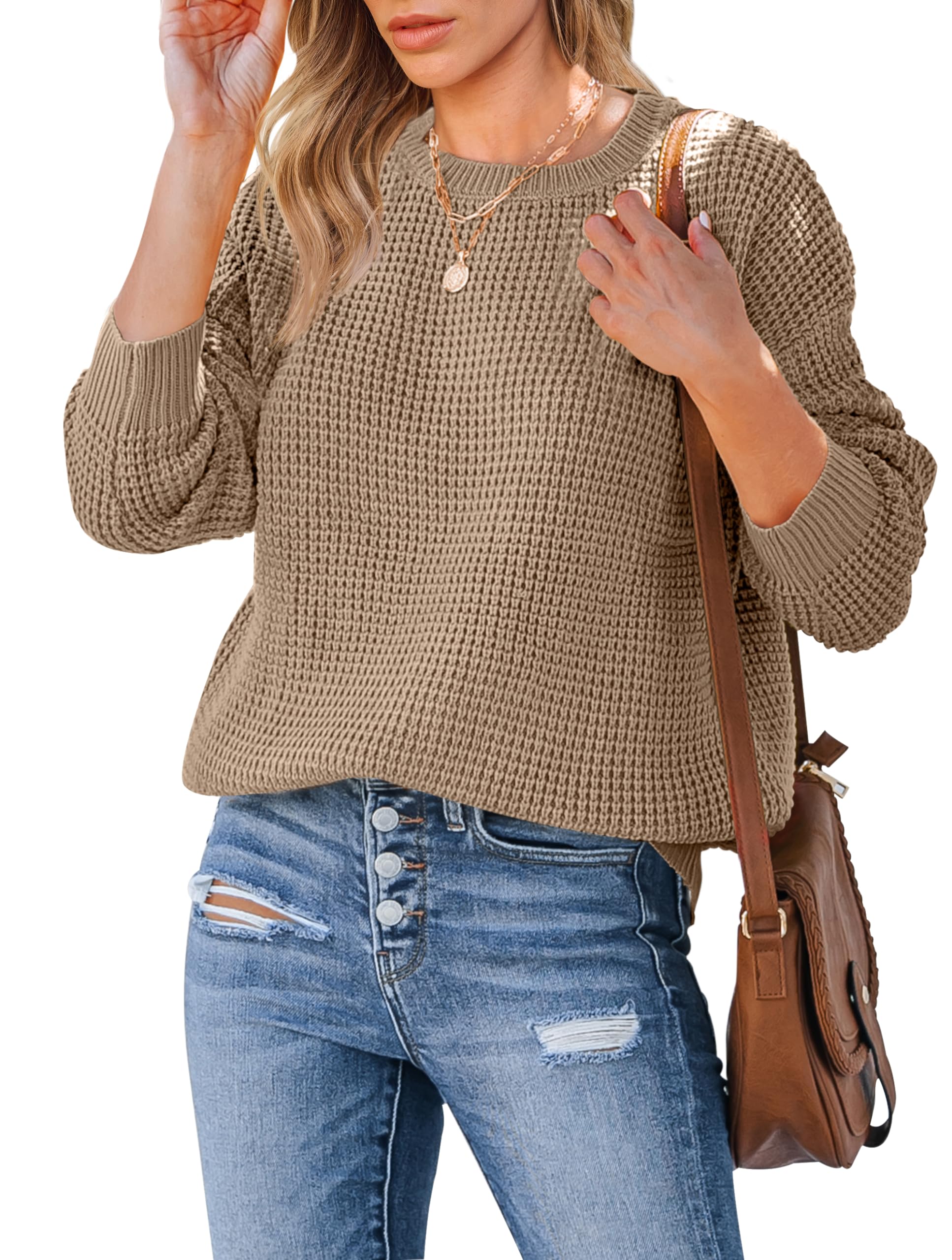 MEROKEETY Women's 2024 Long Sleeve Waffle Knit Sweater - Crew Neck Solid Color Pullover Jumper Top for Fall Winter Fashion, Casual Outfits & Office Wear
