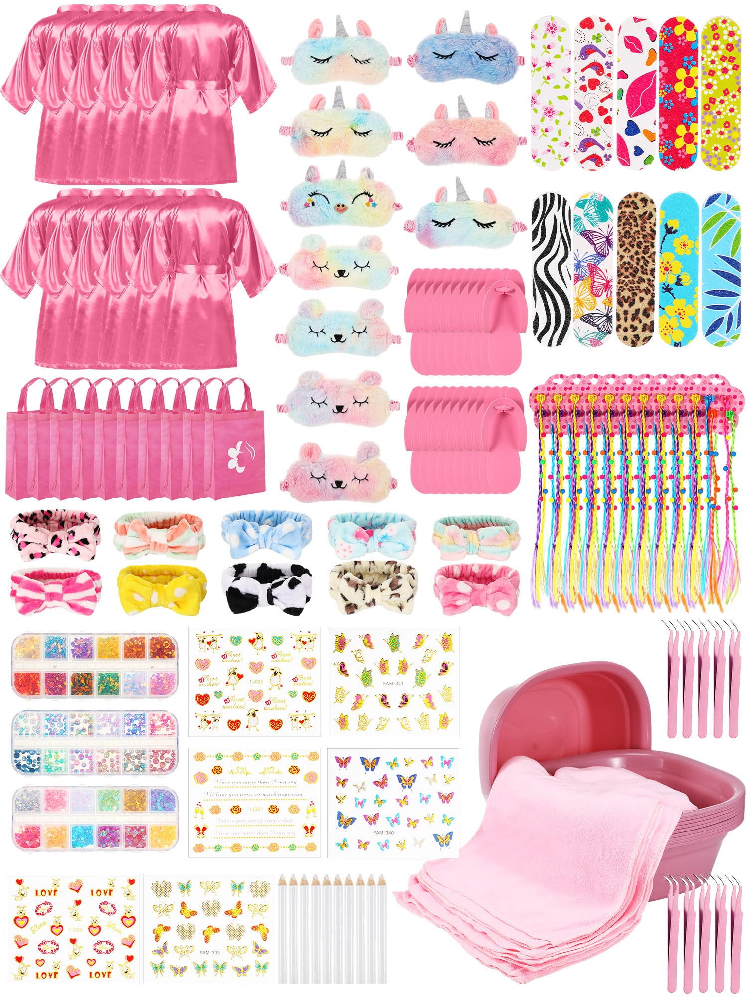 Suhine 10-Piece Girls Spa Party Kit - Kids Satin Robes & Nail Salon Accessories Set - Perfect for Birthday Party Favors, Sleepovers & DIY Spa Nights at Home