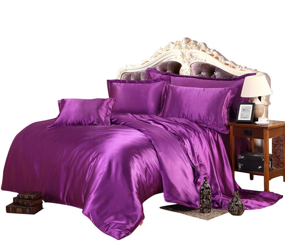 Premium 7-Piece Satin Twin Comforter Set - 500 GSM Eggplant Purple Duvet Insert with Matching Sheets (Comforter + Flat Sheet + Fitted Sheet + 4 Pillowcases) | Soft Bedding for Teens, Dorms & Guest Rooms | Machine Washable Luxury Bed Set