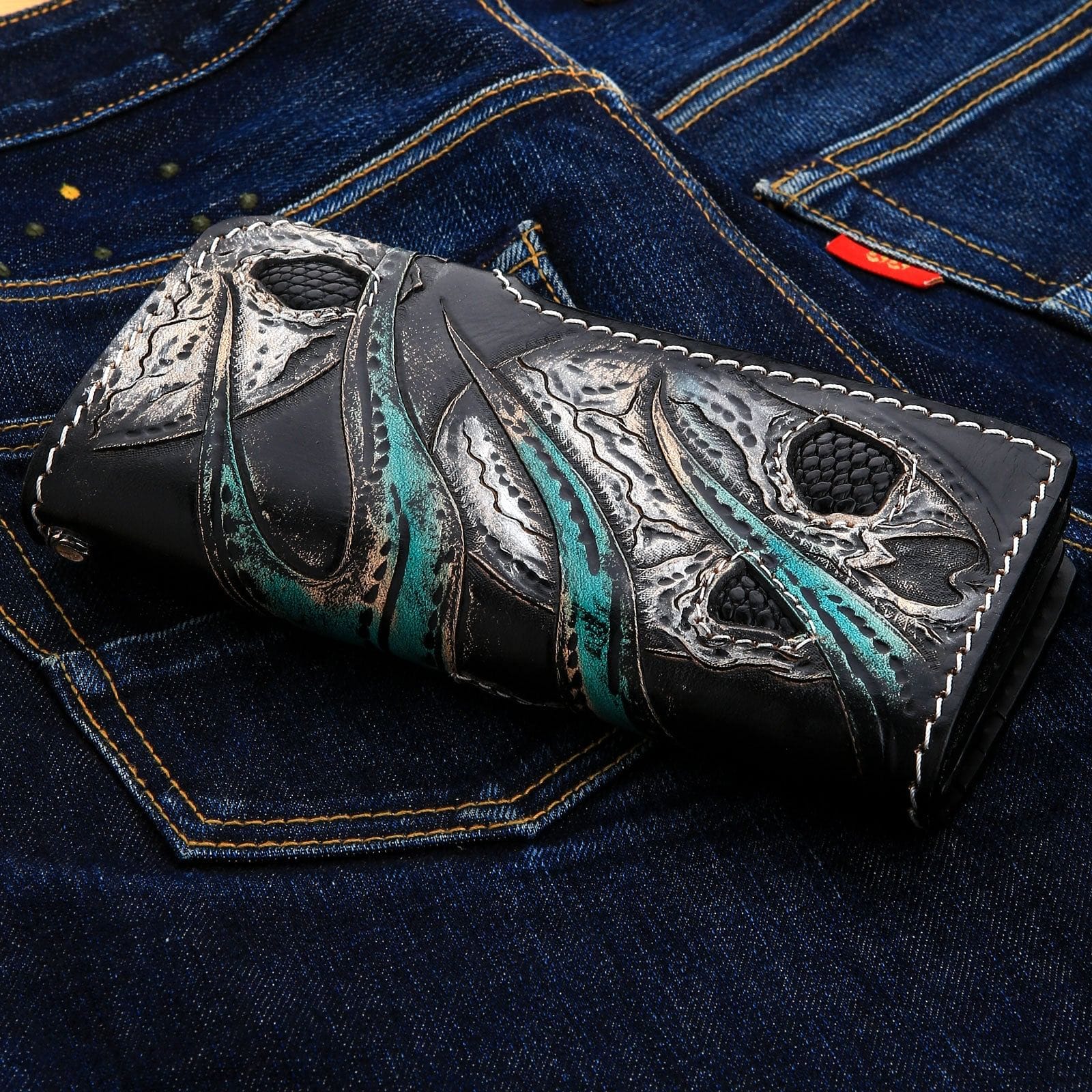 Green Devil Genuine Leather Biker Wallet for Men - RFID Blocking Slim Wallet - Perfect for Motorcycle Riders & Everyday Use
