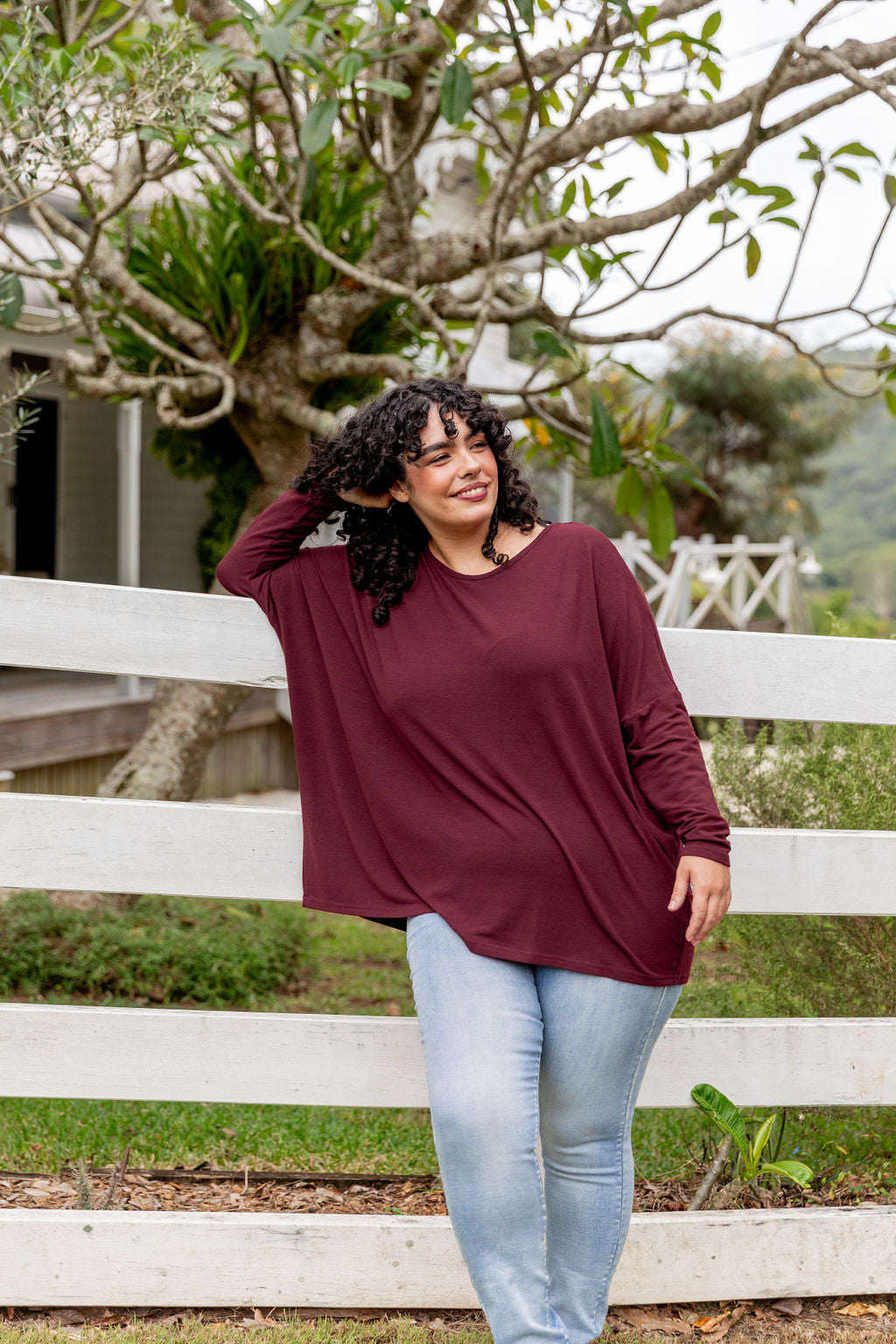 Harlow Knit Top Women's Long Sleeve Merlot Wine Red Pullover Sweater - Perfect for Fall Layering, Office Wear & Casual Outfits