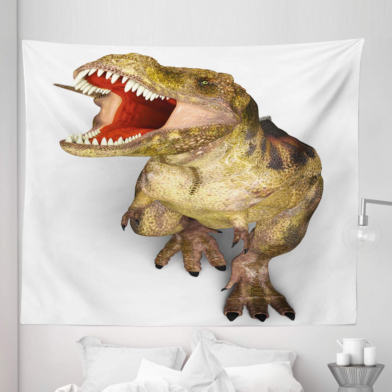 Ambesonne King Size Dinosaur Tapestry - Realistic Roaring T-Rex with Sharp Teeth Wall Hanging, 104