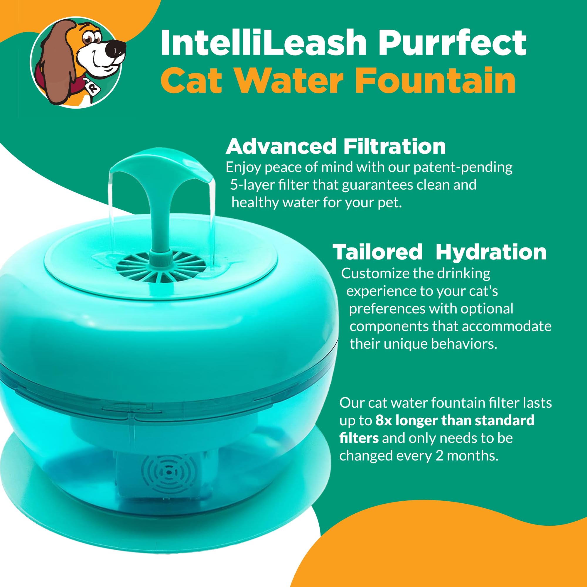 PURRoducts Premium Cat Water Fountain with 5-Layer Filter - Splash-Free, Tip-Proof Design for Cats & Small Dogs | 2-Month Filter Life | Low Water Auto Shut-Off | Perfect for Home, Office & Pet Travel Use