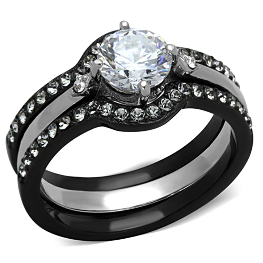 3-Piece Round Cut Black IP Two-Tone Stainless Steel Engagement Ring Set for Women - Wedding, Proposal & Anniversary Jewelry Gift - LanyJewelry