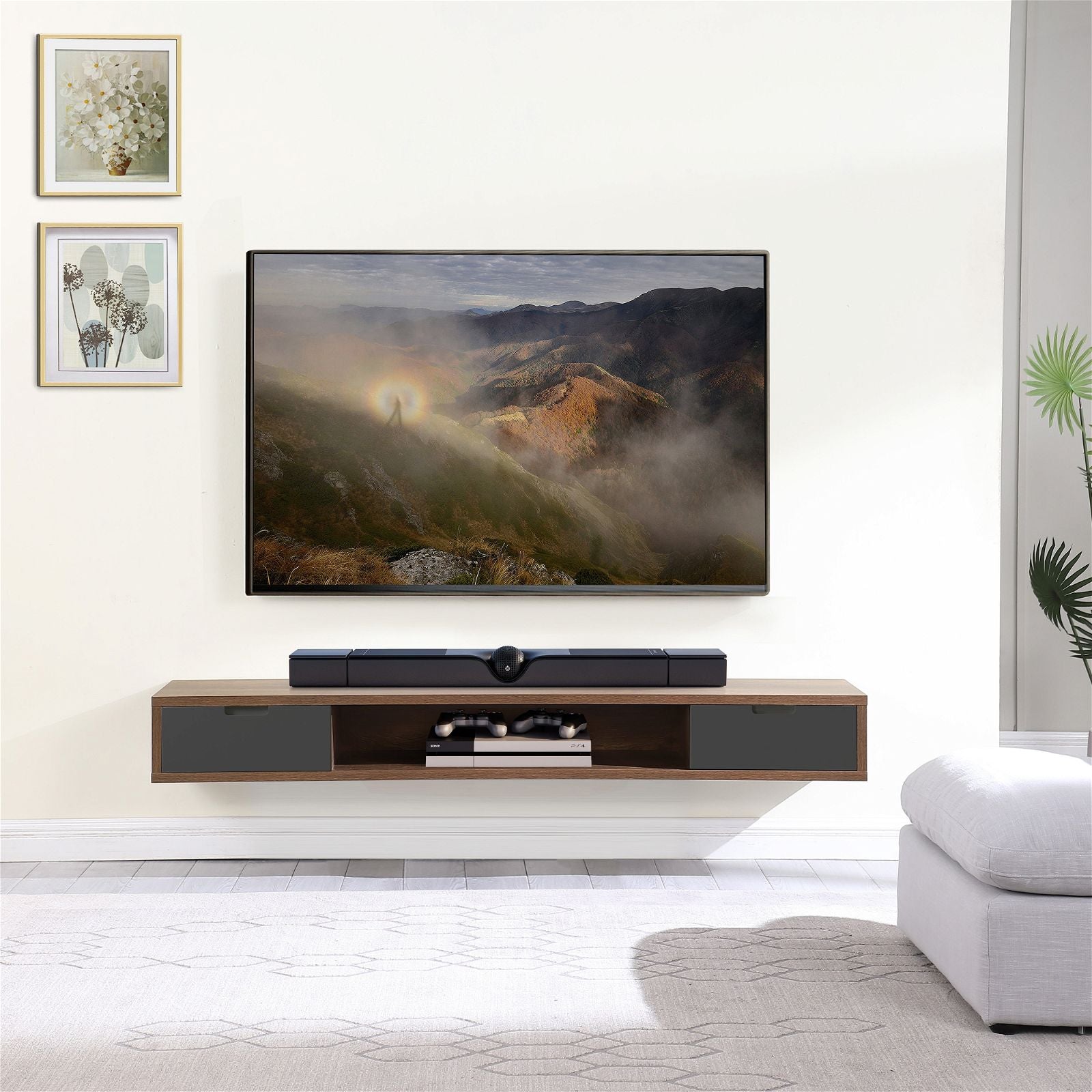Criterion 2000mm Dark Oak Wall Mount TV Stand with Grey Drawers - Modern Entertainment Center for Living Room & Home Theater Setup