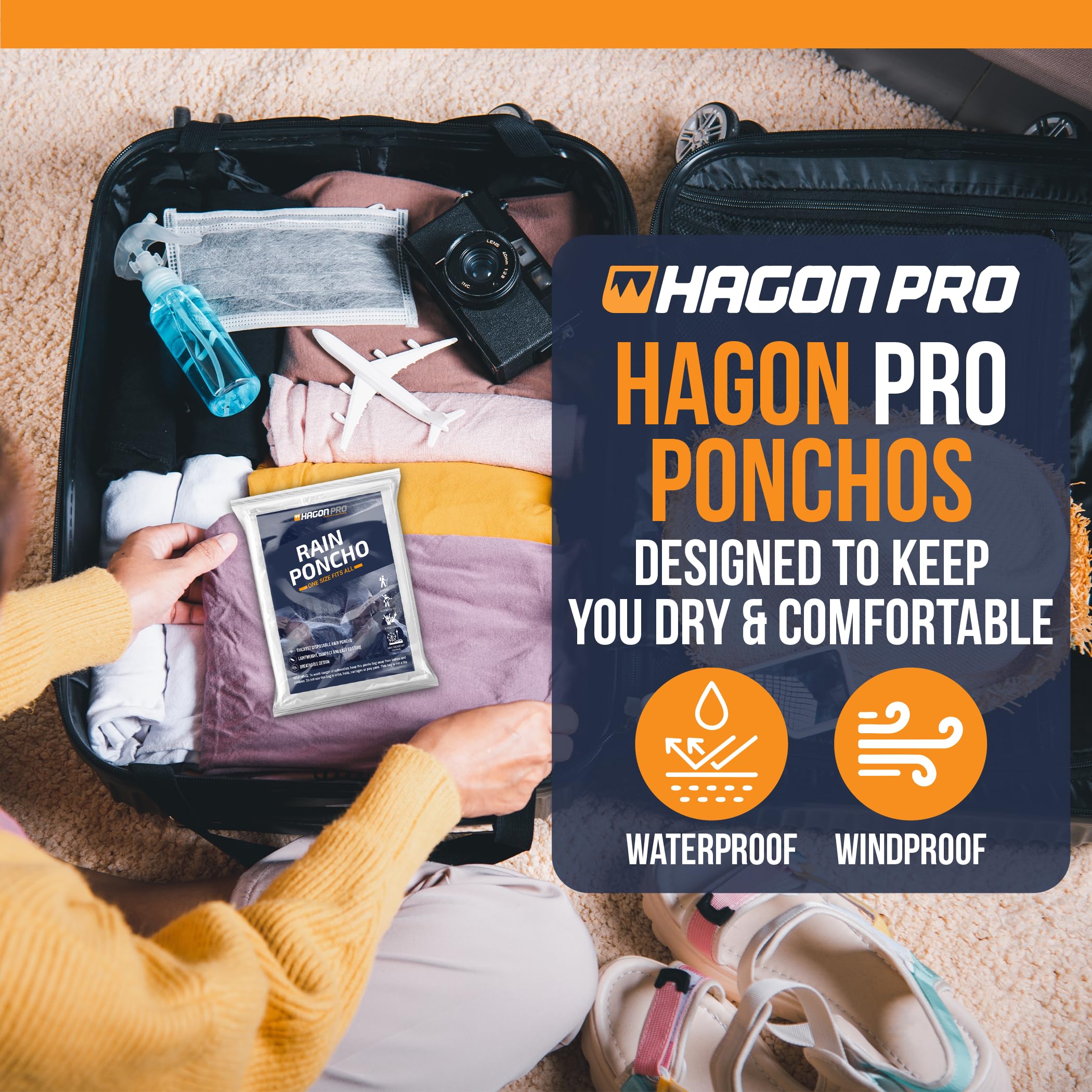 Hagon PRO Disposable Rain Poncho for Adults - 50 Pack Waterproof Emergency Rainwear for Outdoor Events, Camping, Hiking & Travel - Lightweight Reusable Rain Protection