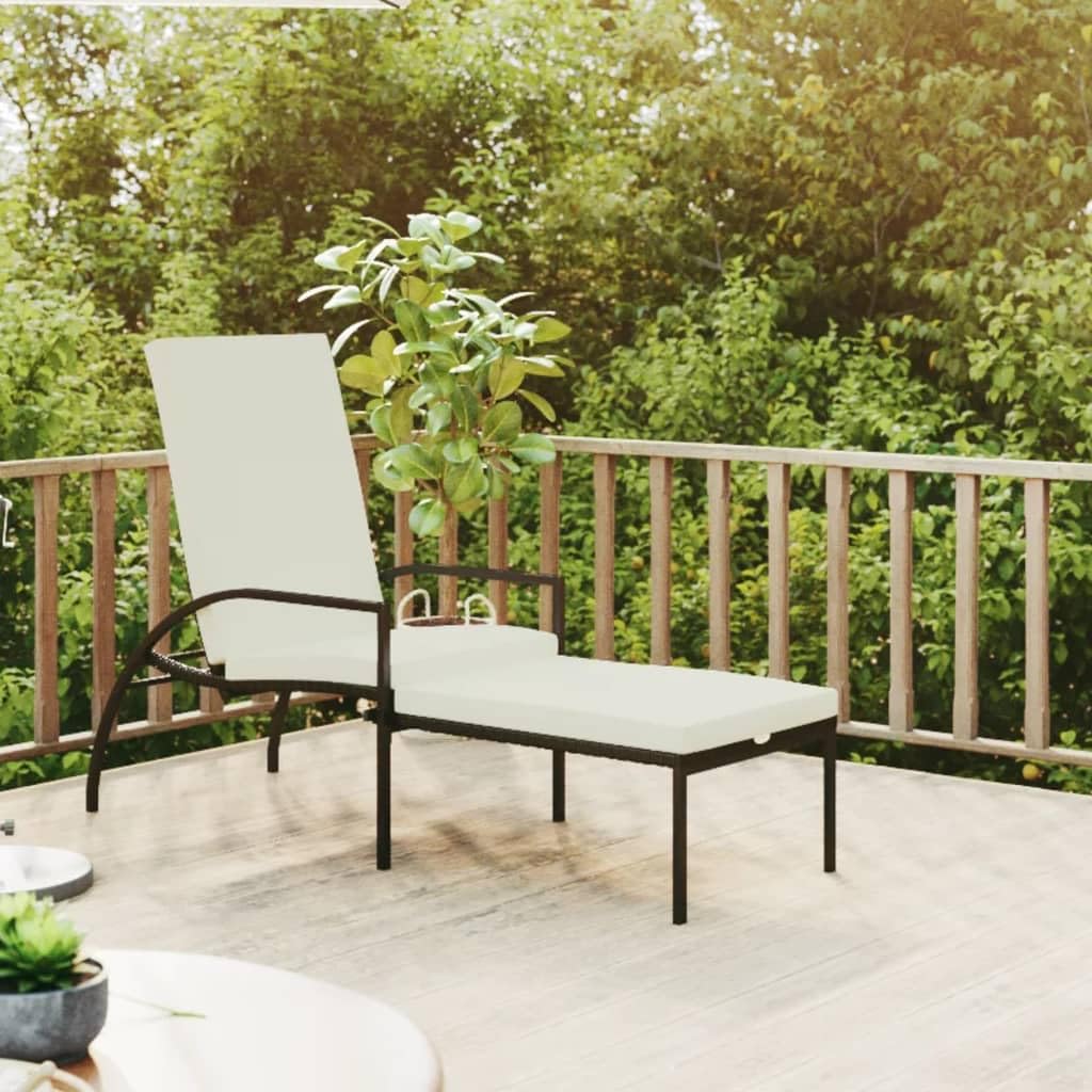 Premium PE Rattan Sun Lounger with Adjustable Backrest & Footrest - Black Outdoor Chaise Lounge with Cream White Cushion - Perfect for Poolside, Patio, Garden Relaxation & Sunbathing