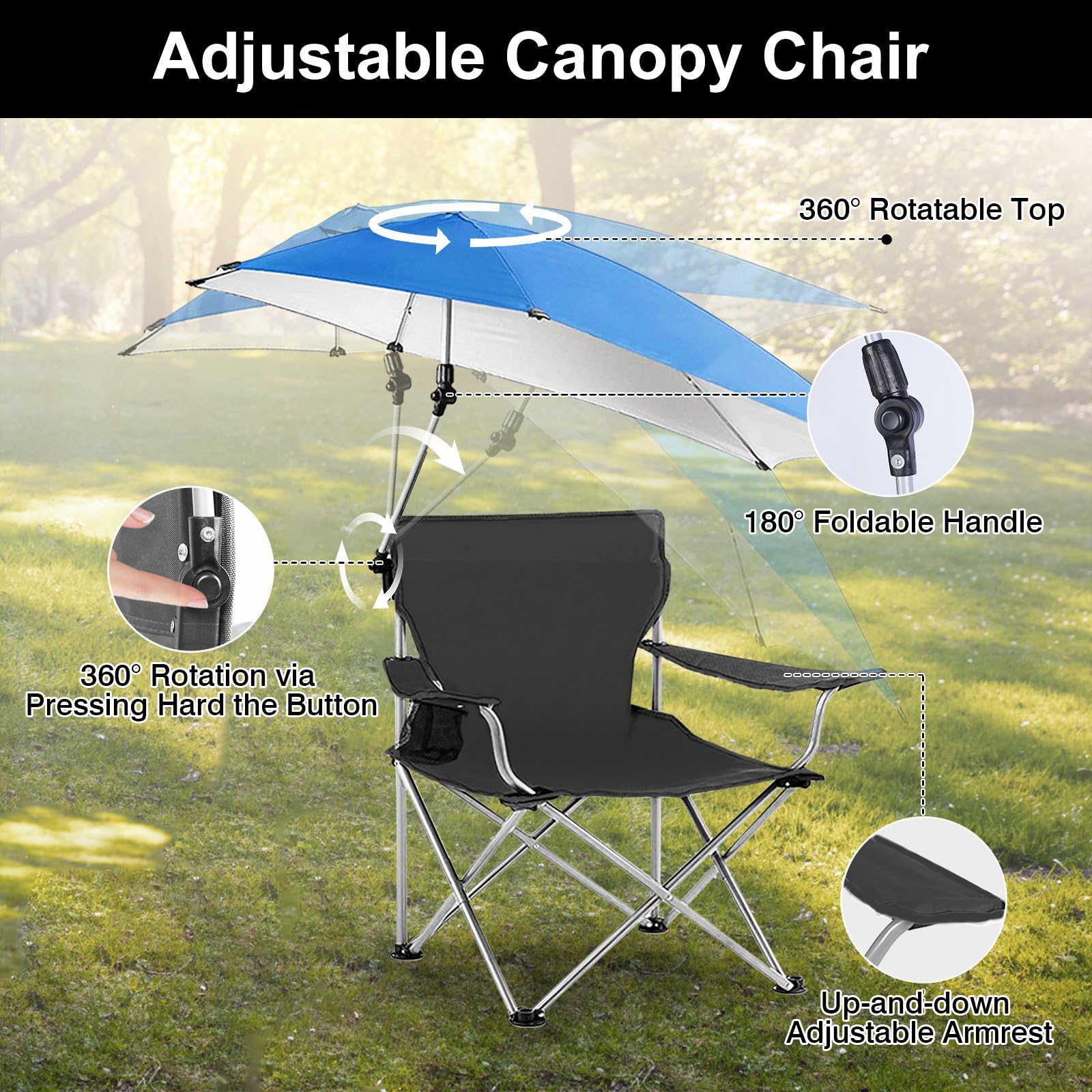 UPF 50+ Adjustable Beach Chair with Sun Umbrella - Portable Folding Outdoor Recliner for Adults, Camping, Hiking & Beach - Includes Cup Holder & Carry Bag - Supports 350 lbs (US Stock) - Perfect for Relaxing at the Shore, Poolside Lounging & Outdoor Adventures